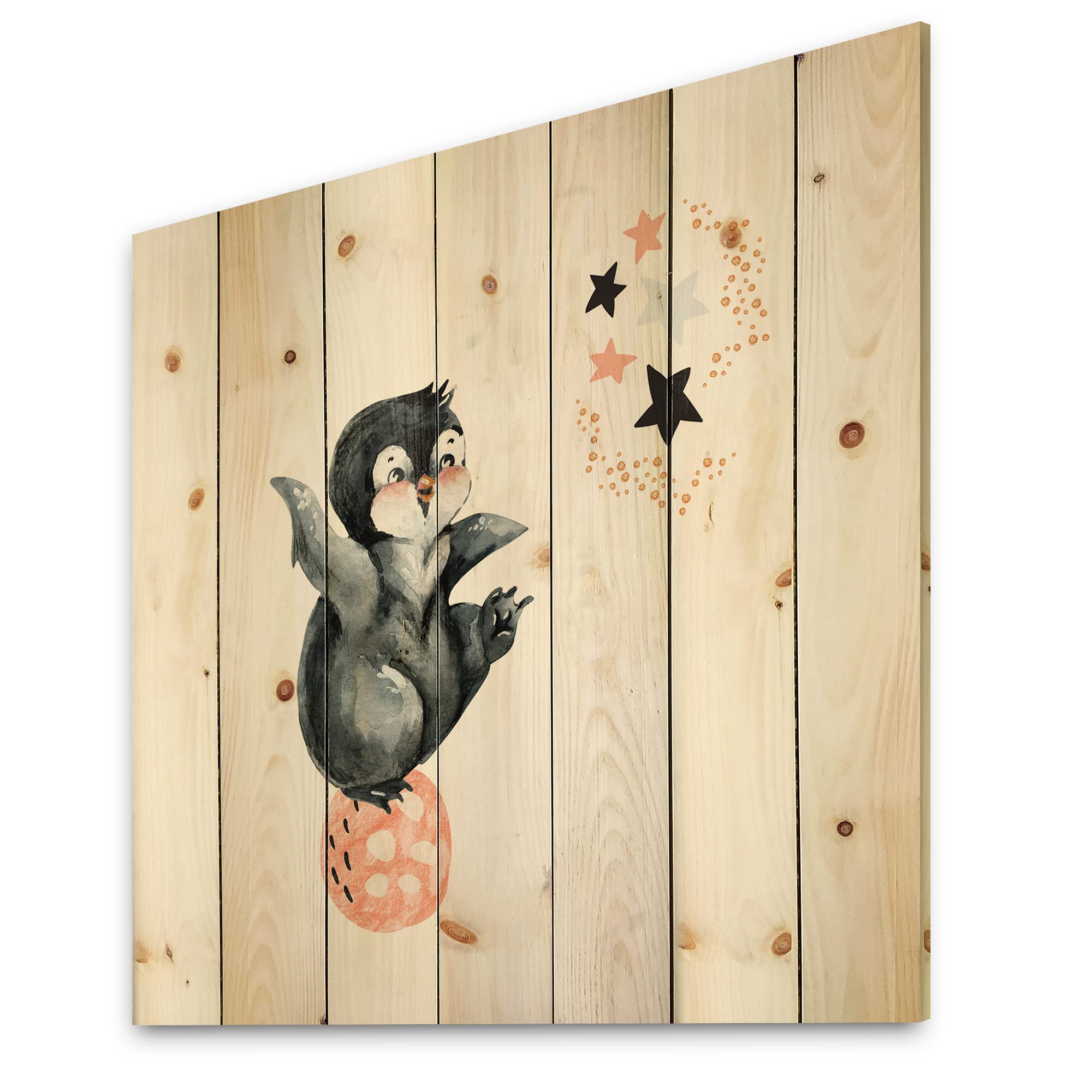 DesignQ Little Penguin with Stars and Planets II - Farmhouse Wood Wall Decor, Grey Wood Wall Art, Large Animal Wood Panels Printed on Natural Pine - Perfect for Nursery, Kids' Room, or Coastal Home Decor