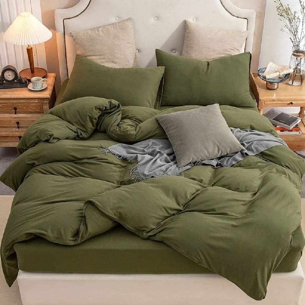 Olive Green Washed Cotton Duvet Cover Set - Queen, King, Full, Twin, California King Sizes - Soft & Breathable Bedding for Cozy Home Decor | Perfect for Guest Rooms, Master Bedrooms & Vacation Homes