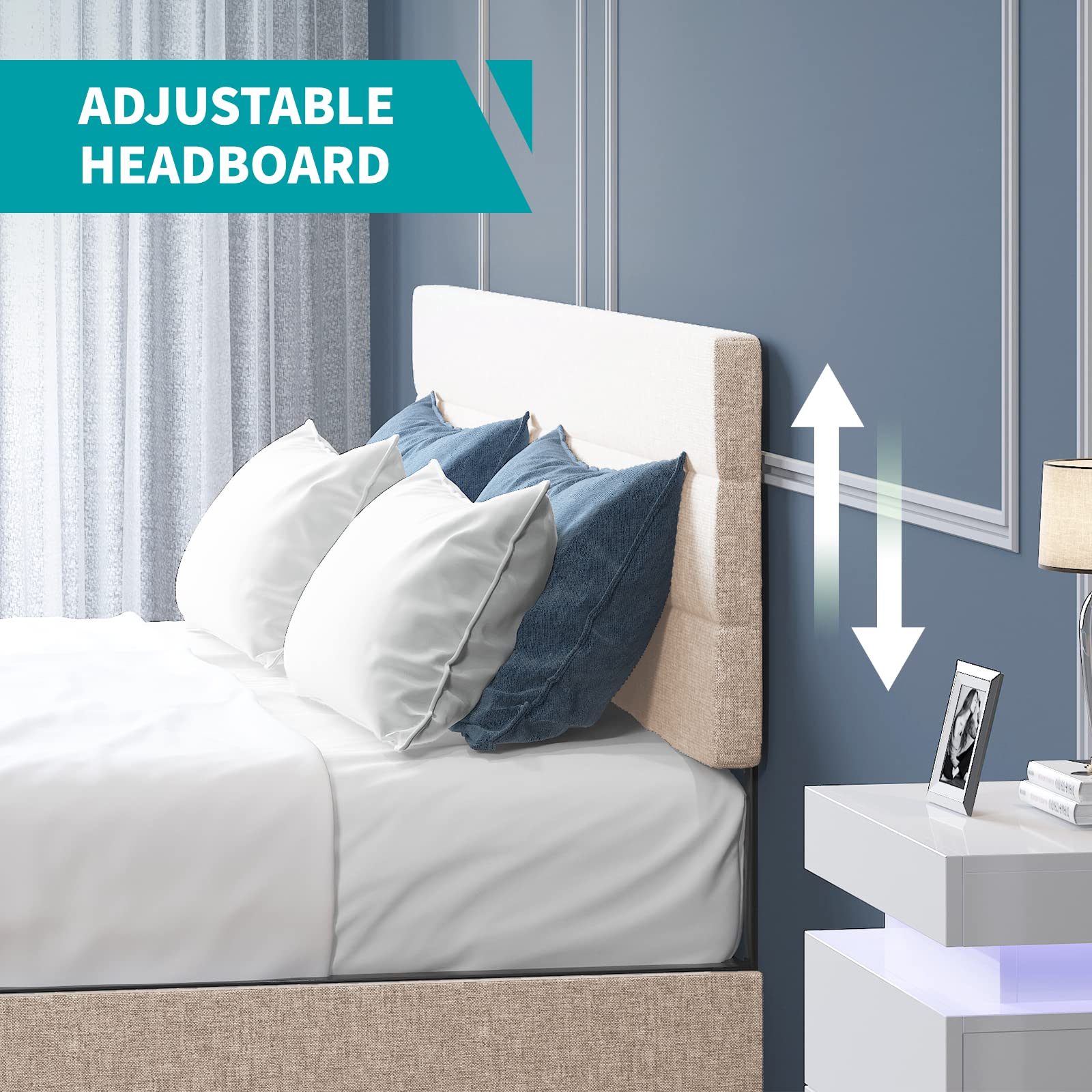 BALUS King Size Upholstered Platform Bed Frame with Large Storage Space, Mobile Wheels & Adjustable Headboard - Beige (King) | Perfect for Small Bedrooms, Guest Rooms & Modern Home Decor