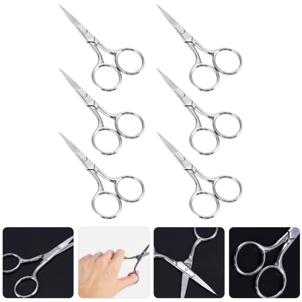 6-Piece Stainless Steel Eyebrow & Facial Hair Scissors Set - Portable Metal Beauty Scissors for Precise Grooming, Trimming, and Styling at Home or Salon