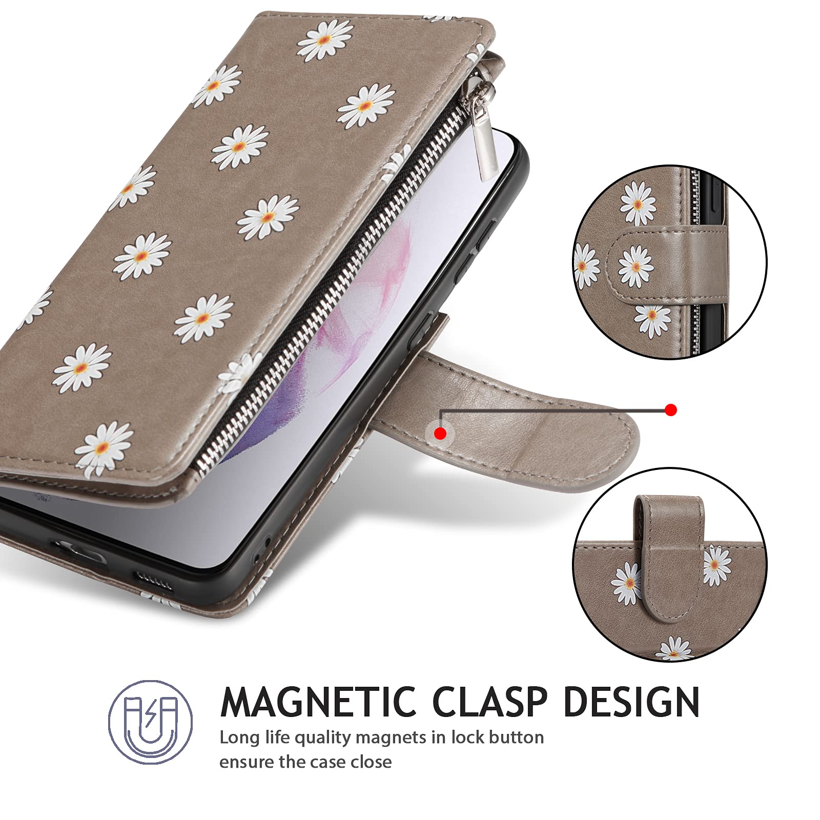 Premium PU Leather Magnetic Wallet Case for iPhone SE 2022/SE3/iPhone 7/iPhone 8/iPhone SE 2020 - Daisy Grey with Card Slots & Kickstand | Slim Protective Flip Cover for Everyday Use, Travel & Business