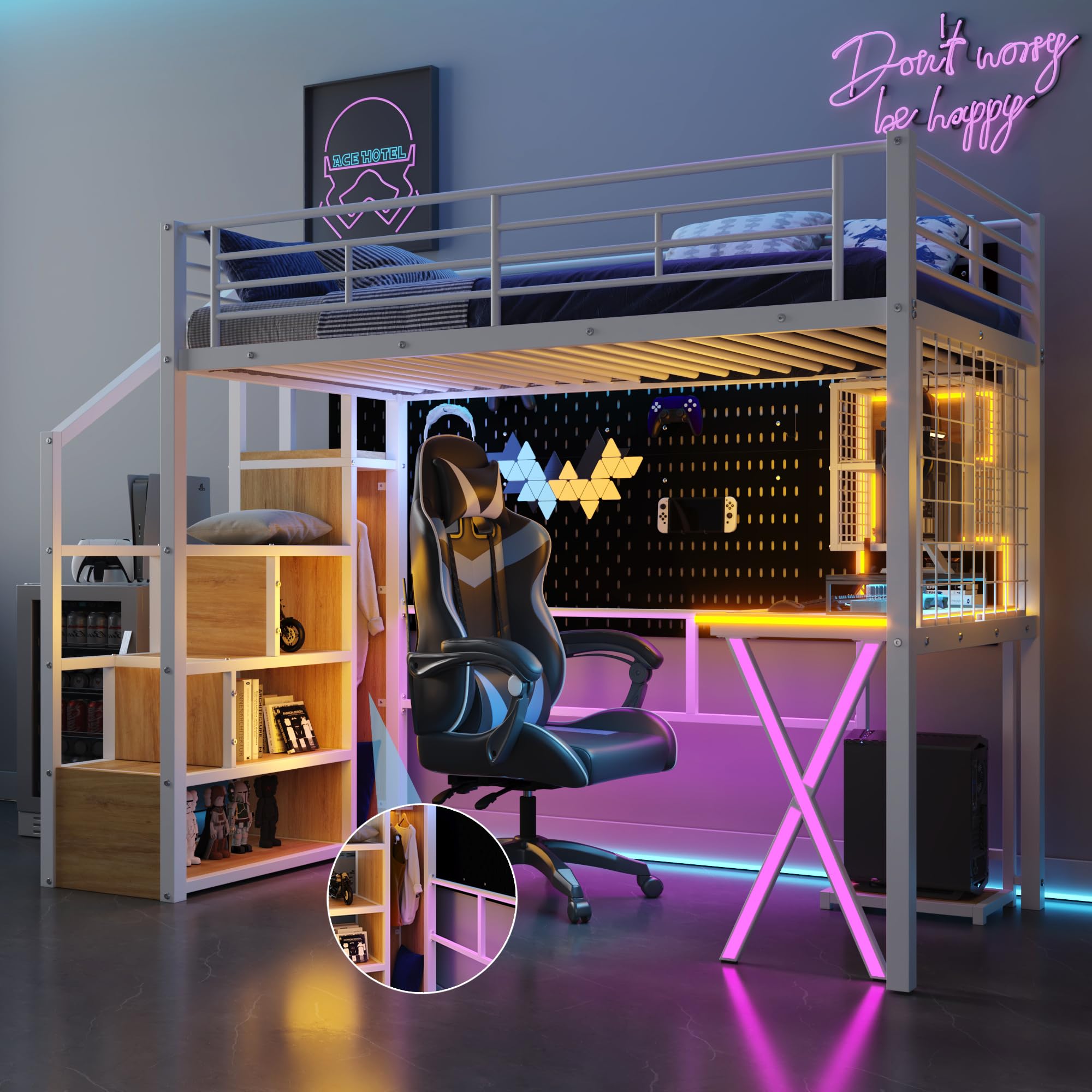 LZ LEISURE ZONE Twin Size Metal Loft Bed with Built-in Desk, Wardrobe, Storage Stairs & LED Lights - White | Space-Saving Bedroom Furniture for Teens, College Dorms & Small Apartments