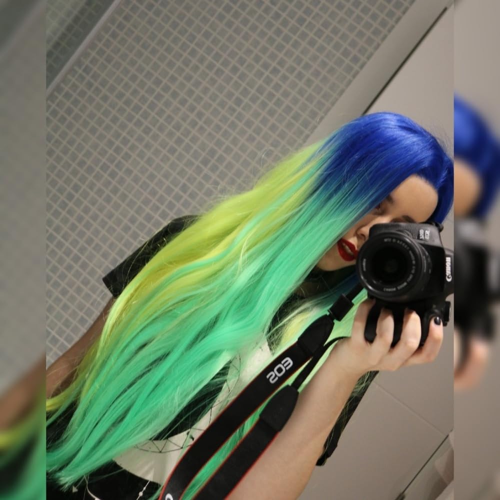 Xiweiya 13x3 Lace Front Wig - Ombre Neon Yellow Green with Blue Roots - 24 Inch Long Straight Heat Resistant Synthetic Hair for Women - Perfect for Drag Queen, Cosplay, Halloween & Daily Wear