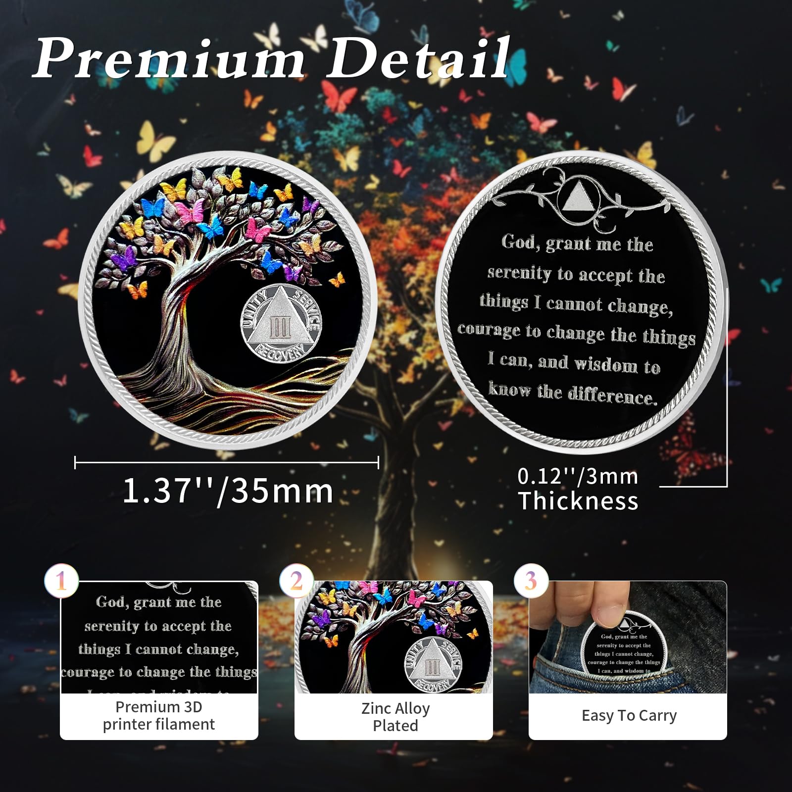 3 Year Sobriety Coin - AA NA Recovery Medallion with Butterfly & Tree of Life Design - Celebrate 1 to 62 Years Clean & Sober - Perfect Alcoholics Anonymous Gift for Men & Women - Ideal for Milestone Celebrations & 12-Step Meetings