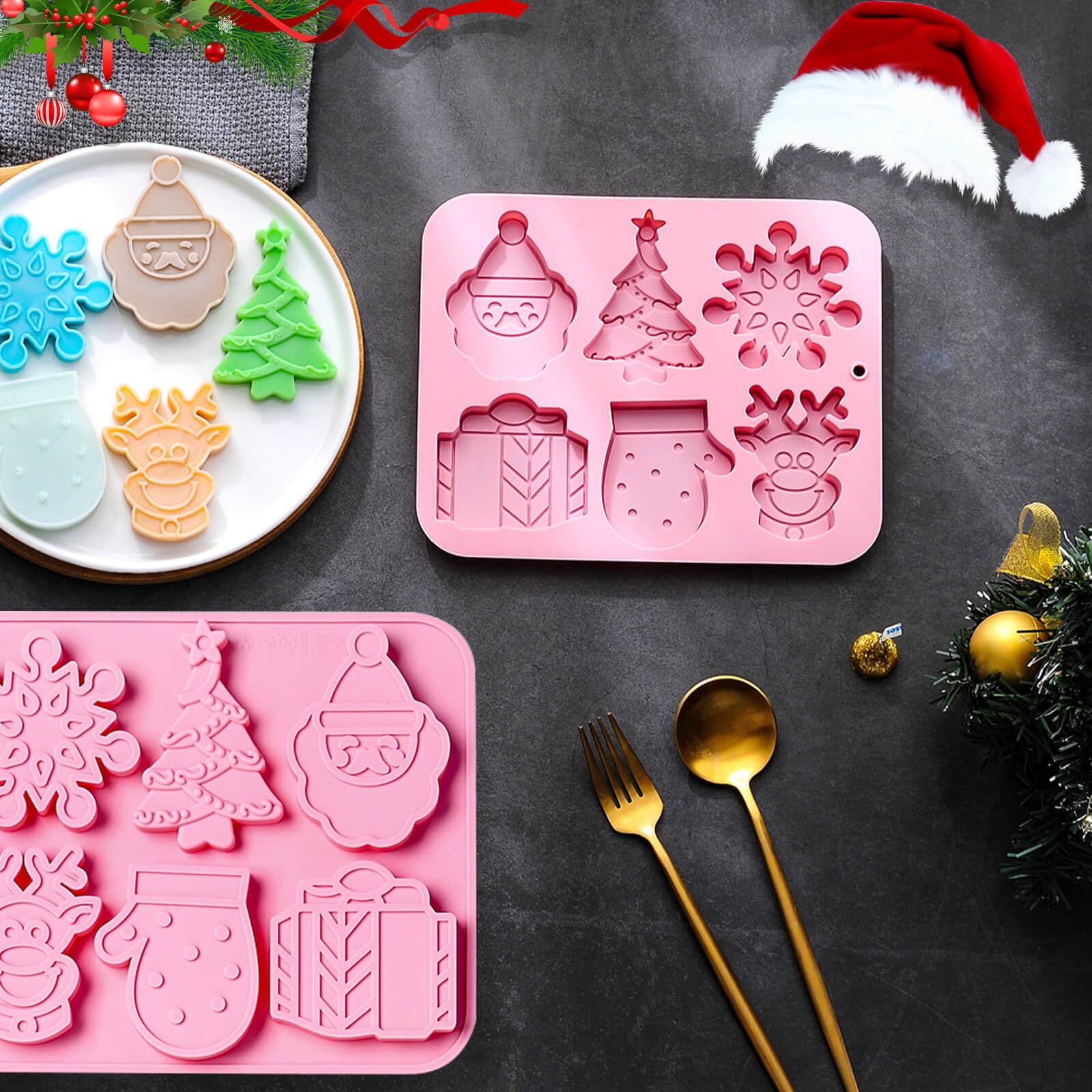 3PCS Christmas Silicone Baking Molds Set - Tree, Snowman & Snowflake Cookie, Chocolate, Candy, Wax Melt Molds for Holiday Baking & DIY Crafts - Perfect for Christmas Cookies, Gingerbread, Gummy Treats & Festive Decorations (Pink)