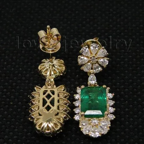 14K Yellow Gold Natural Emerald & Diamond Drop Earrings for Women | 585 Gold Fine Jewelry | Elegant Party & Wedding Gift for Her