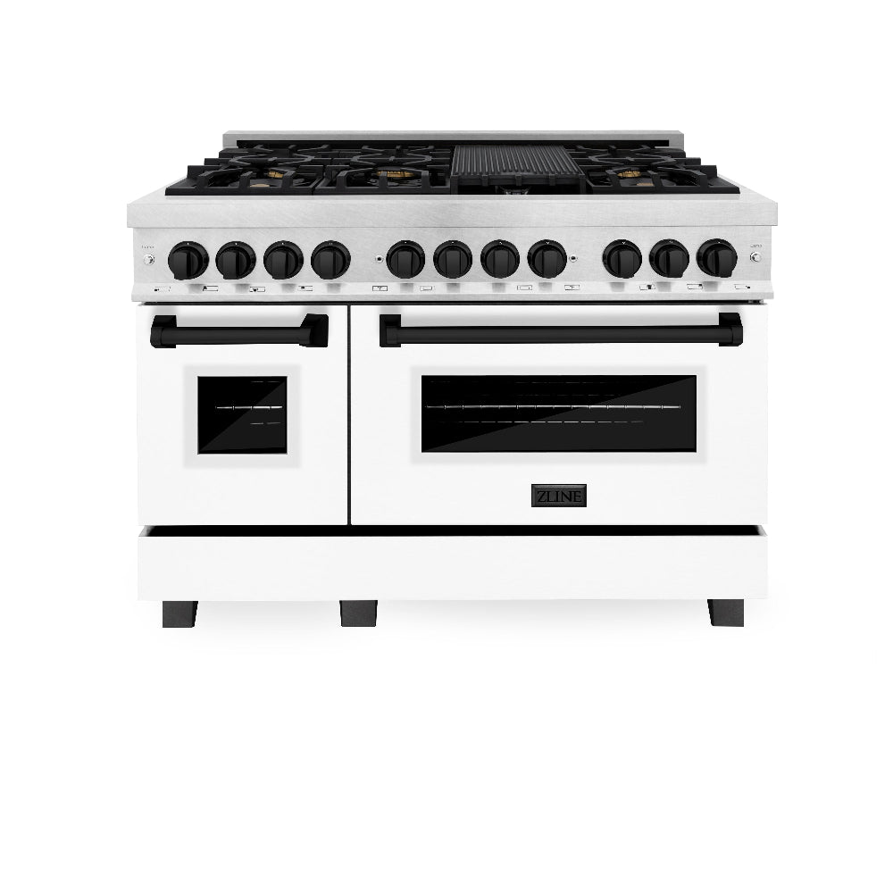 ZLINE Autograph Edition 48-inch Dual Fuel Range - 6.0 cu. ft. Capacity, 7-Burner Gas Cooktop & 2 Electric Ovens - Satin Stainless Steel with White Matte Doors & Matte Black Accents (RASZ WM 48 MB) - Perfect for Gourmet Kitchens & Professional Home Chefs