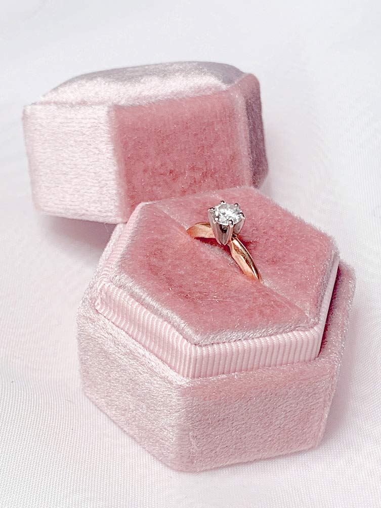 Vintage Velvet Hexagon Engagement Ring Box - Single Slot Proposal Ring Holder for Bride, Handmade Wedding Ring Bearer Box, Rose Pink Velvet Jewelry Gift Box - Perfect for Proposals, Weddings & Anniversaries