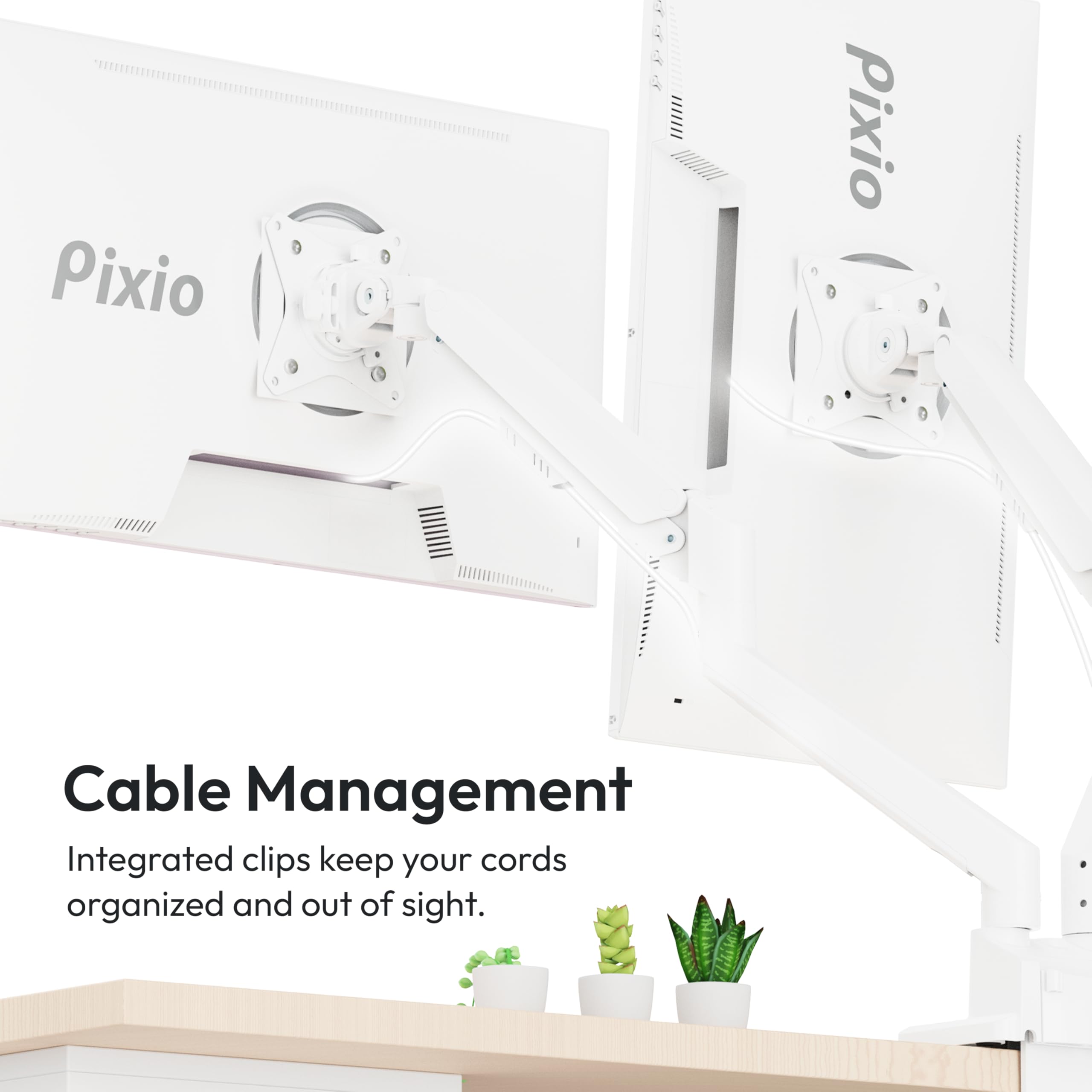 Pixio PS1D Wave White Dual Monitor Arm Stand - Adjustable Desk Mount for 13-32 inch Screens (19.8lbs Capacity), VESA 75x75/100x100 Compatible with Cable Management - Perfect for Home Office, Gaming & Workspace Setup