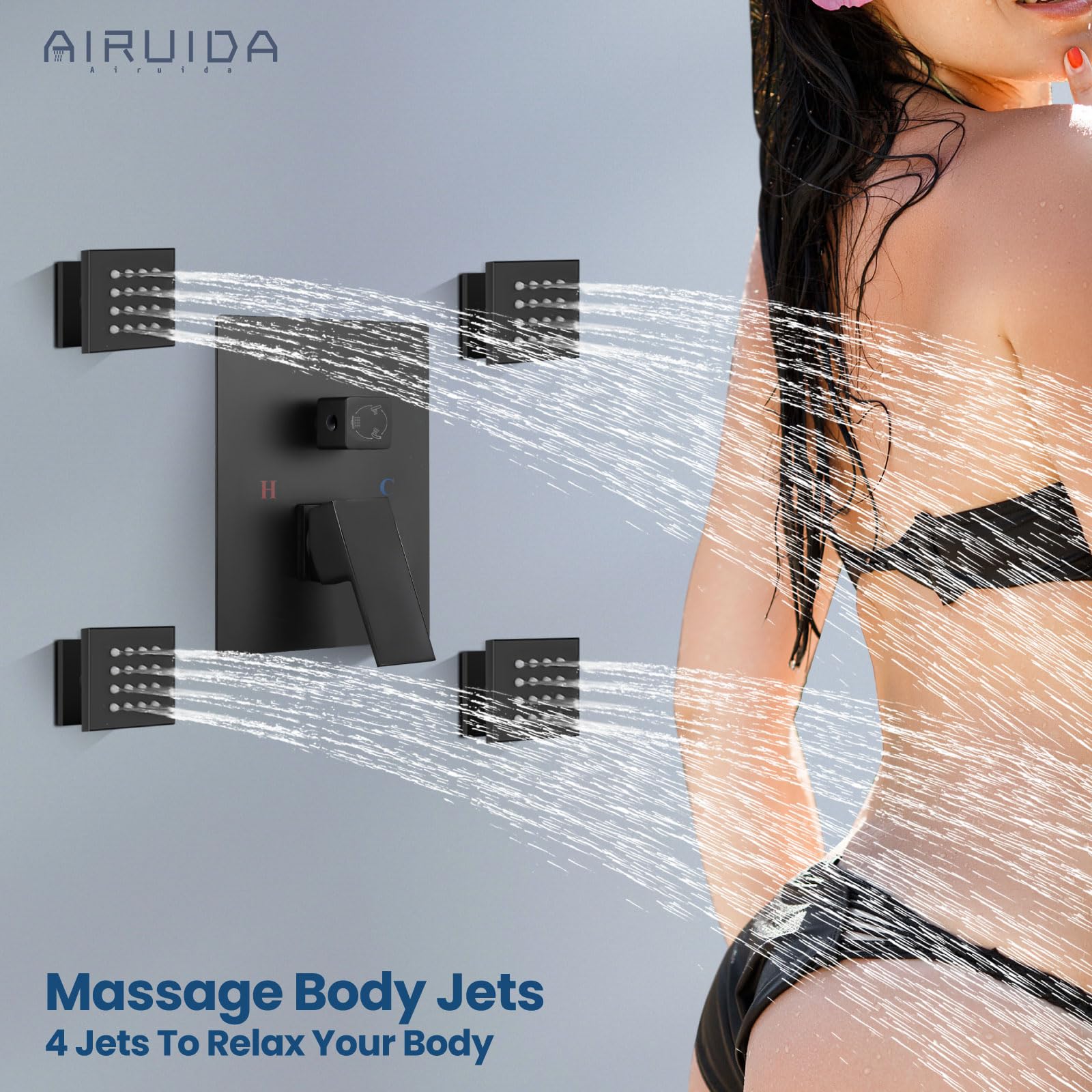 Airuida Matte Black Square 12 Inch Ceiling Mount Shower System - SUS304 Rain Mixer Shower Head with Brass Handheld Spray & 4 Body Jets - Modern Bathroom Fixture for Spa-Like Experience