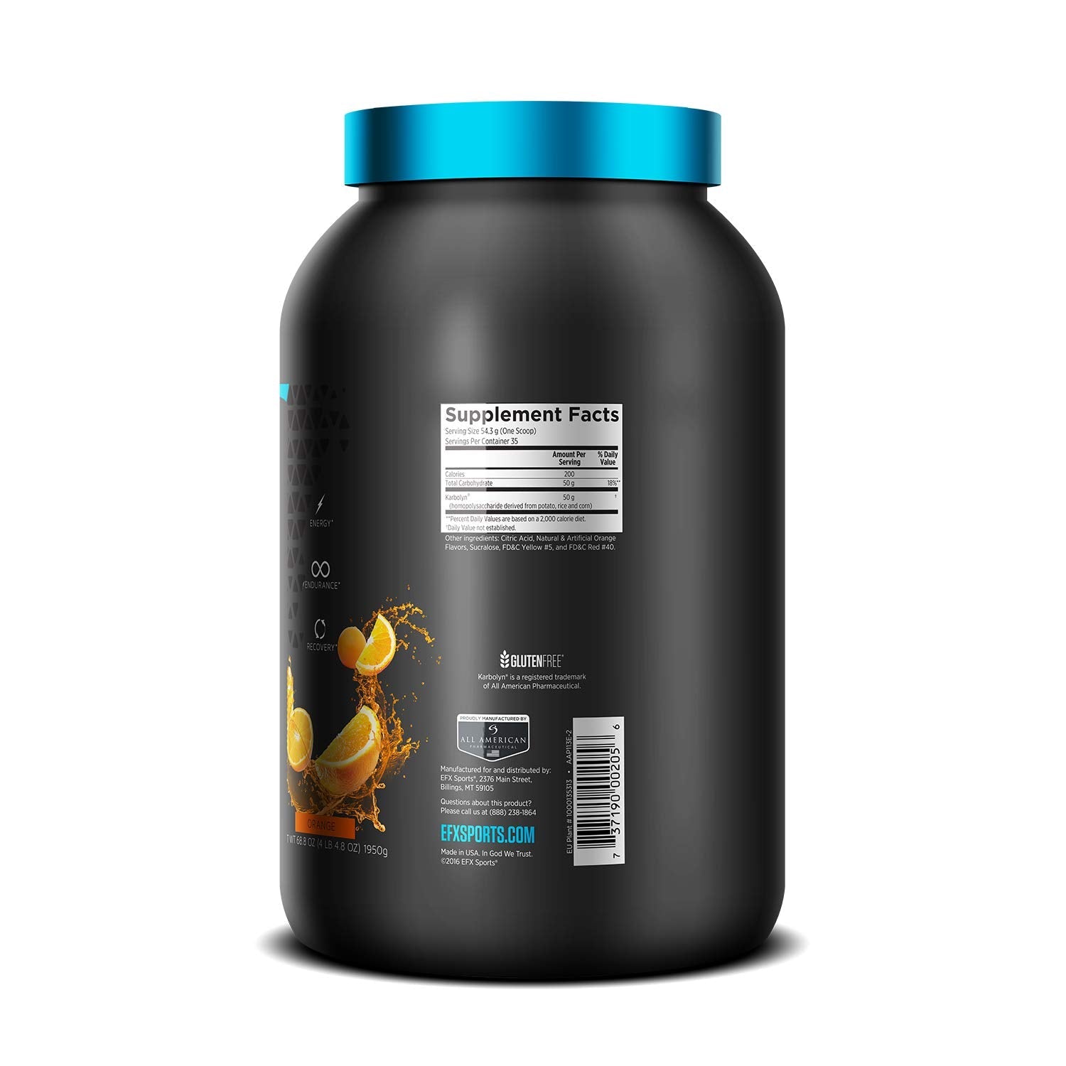 EFX Sports Karbolyn Energy Powder - 1950g Orange Flavor | Pre-Workout & Post-Workout Recovery Drink Mix for Athletes & Fitness Enthusiasts