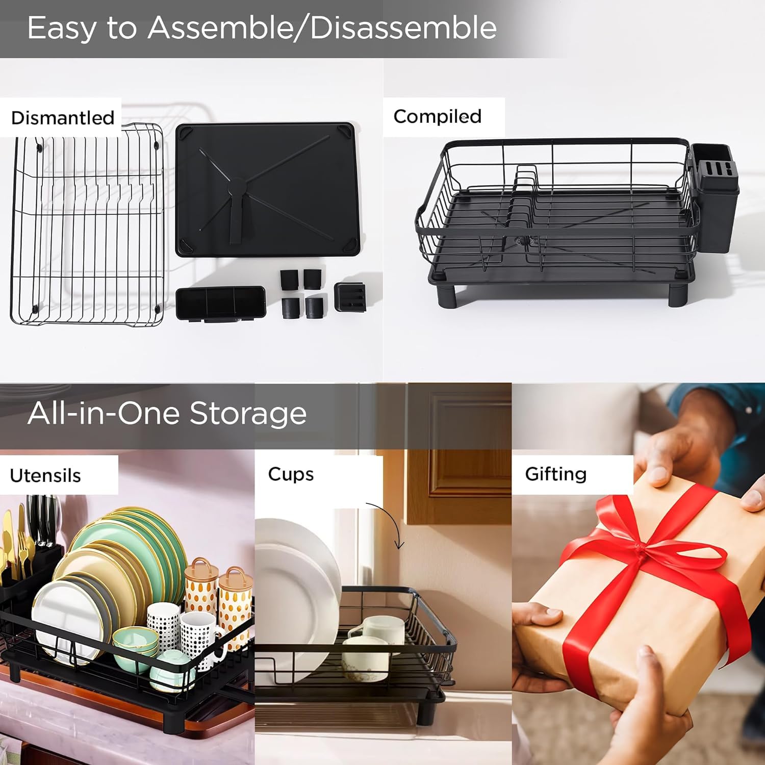 Urbane Home Iron Kitchen Rack with Utensil Basket Drainer | Dish Drying Rack & Organizer | Space-Saving Kitchen Stand for Countertop | Black Metal Kitchen Storage | Perfect for Small Kitchens & Apartments
