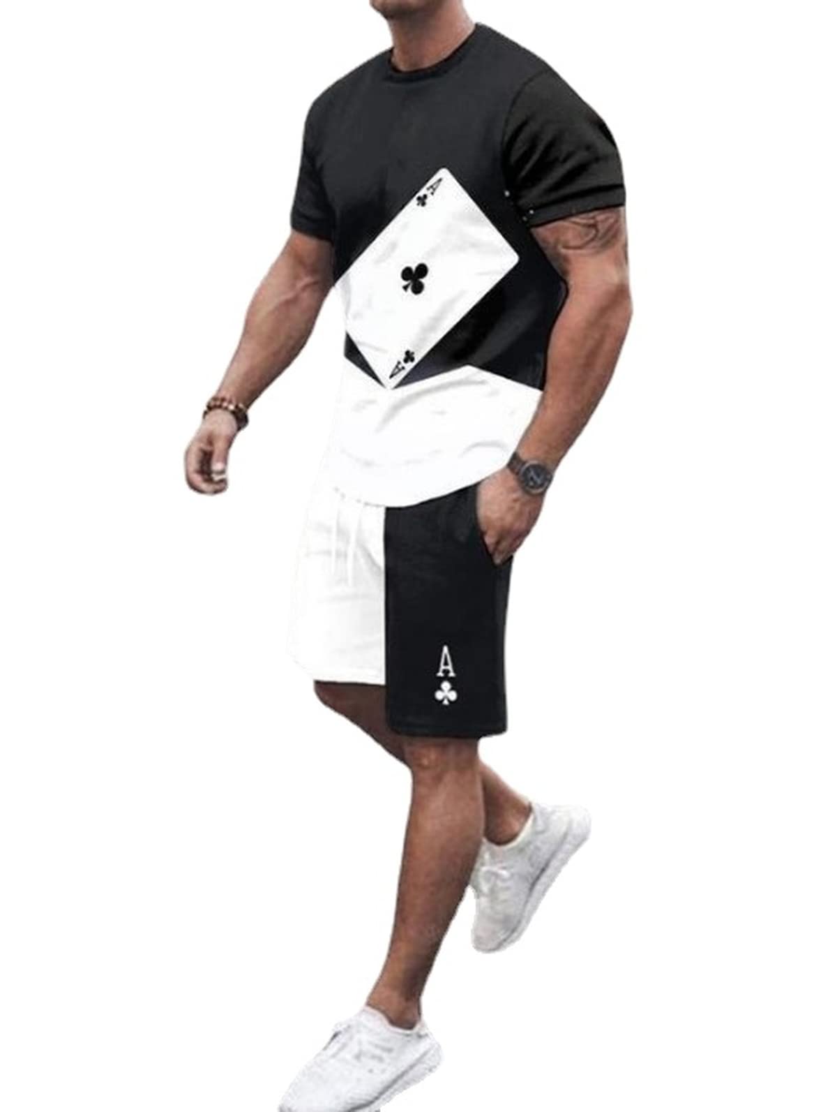 MARLLCO Men's Summer Tracksuit Set - 2 Piece Short Sleeve T-Shirt & Athletic Shorts with 3D Poker Print - Gym Workout & Casual Streetwear Outfit for Sports, Running, and Summer Activities
