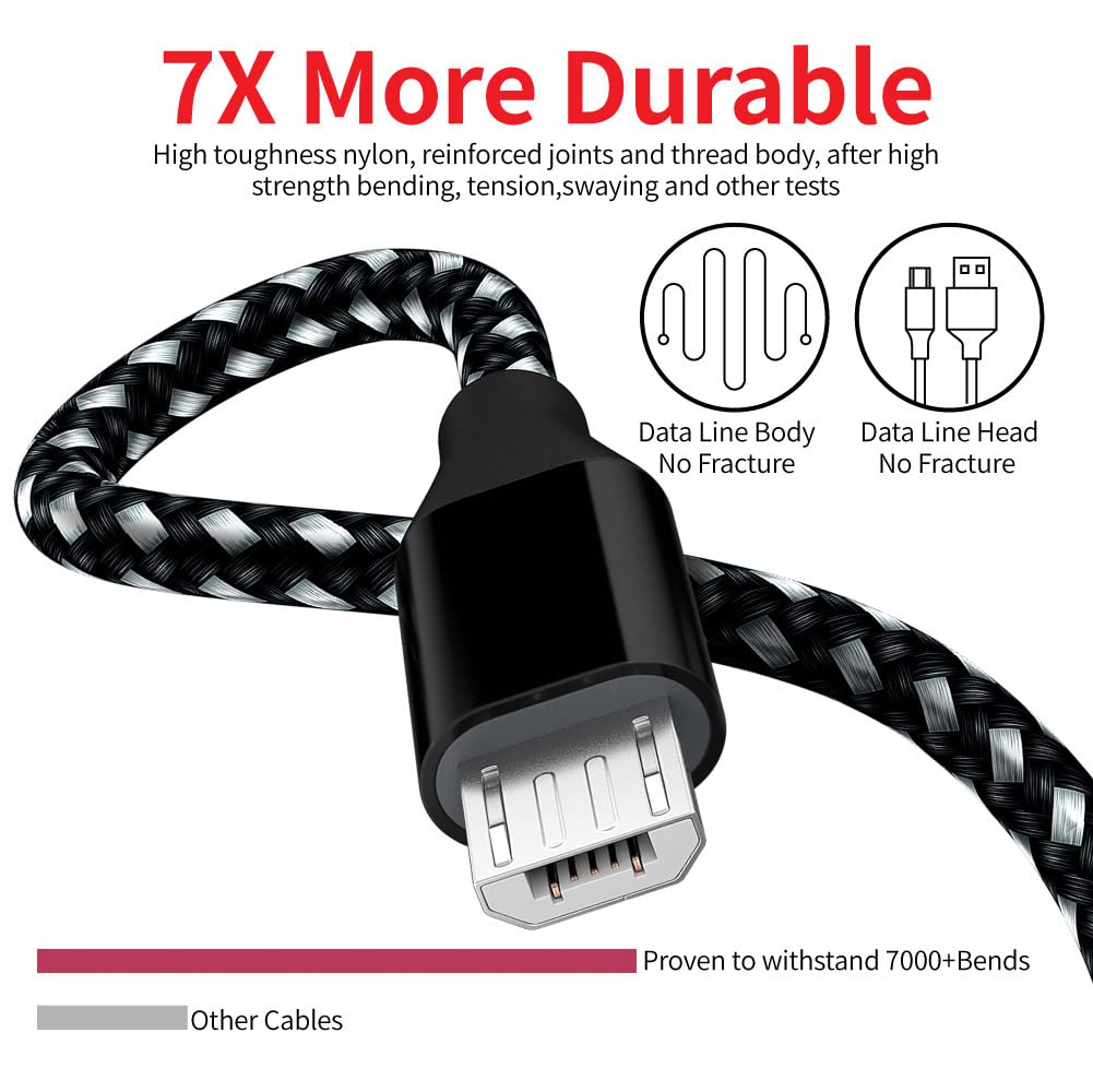 Durable 10ft PS4 Controller Charger Cable (2-Pack) - Nylon Braided Micro USB 2.0 Fast Charging & Data Sync Cord for PlayStation 4/PS4 Slim/Pro, Xbox One S/X, Android Phones - Blue & White - Perfect for Gaming Sessions & Device Charging