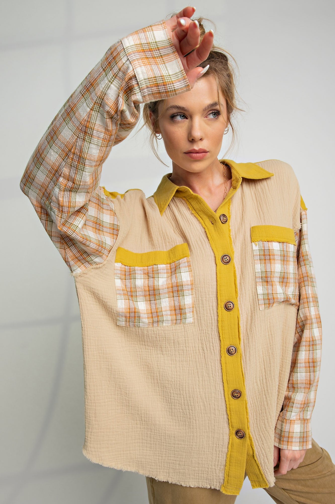 Beige Gauze Plaid Button Up Shirt for Women - Casual Boho Blouse for Summer, Beach, and Outdoor Activities