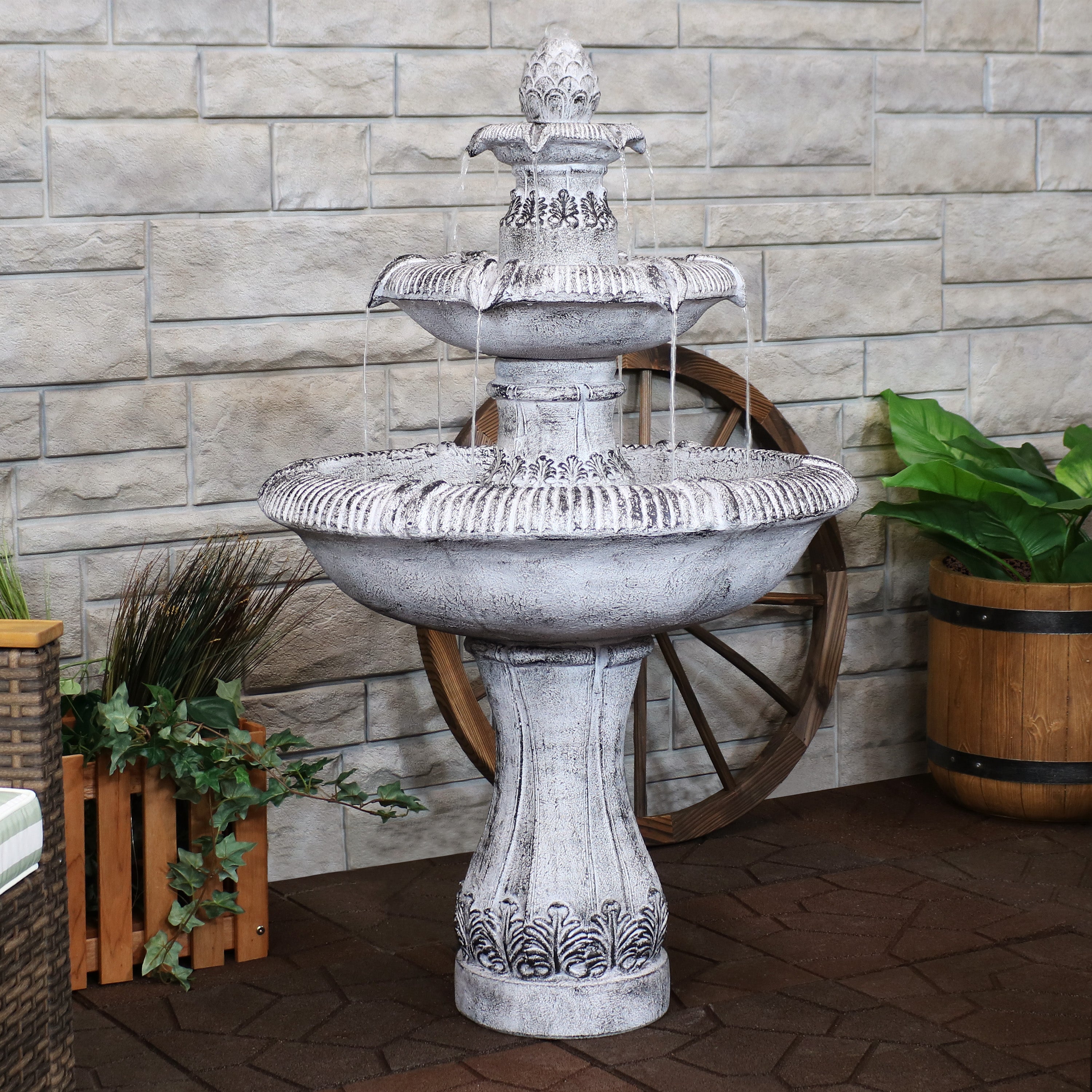 45-Inch 3-Tier Outdoor Water Fountain with Mediterranean Design - Durable Reinforced Concrete for Garden, Patio, and Backyard Decor | Sunnydaze