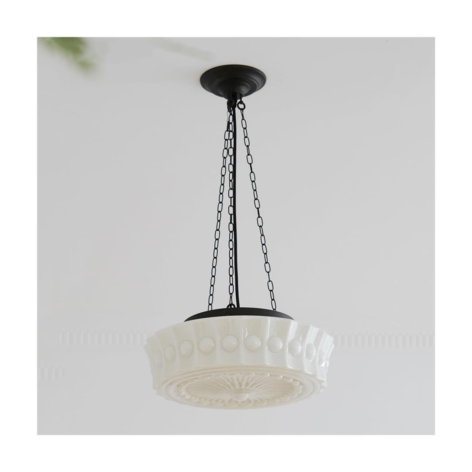 Vintage Round Milk Glass Chandelier - Large Black & White Schoolhouse Pendant Light for Dining Room, Bedroom, Living Room, Kitchen | Mid Century French Country Ceiling Lamp for Farmhouse, Cottage & Vintage Decor