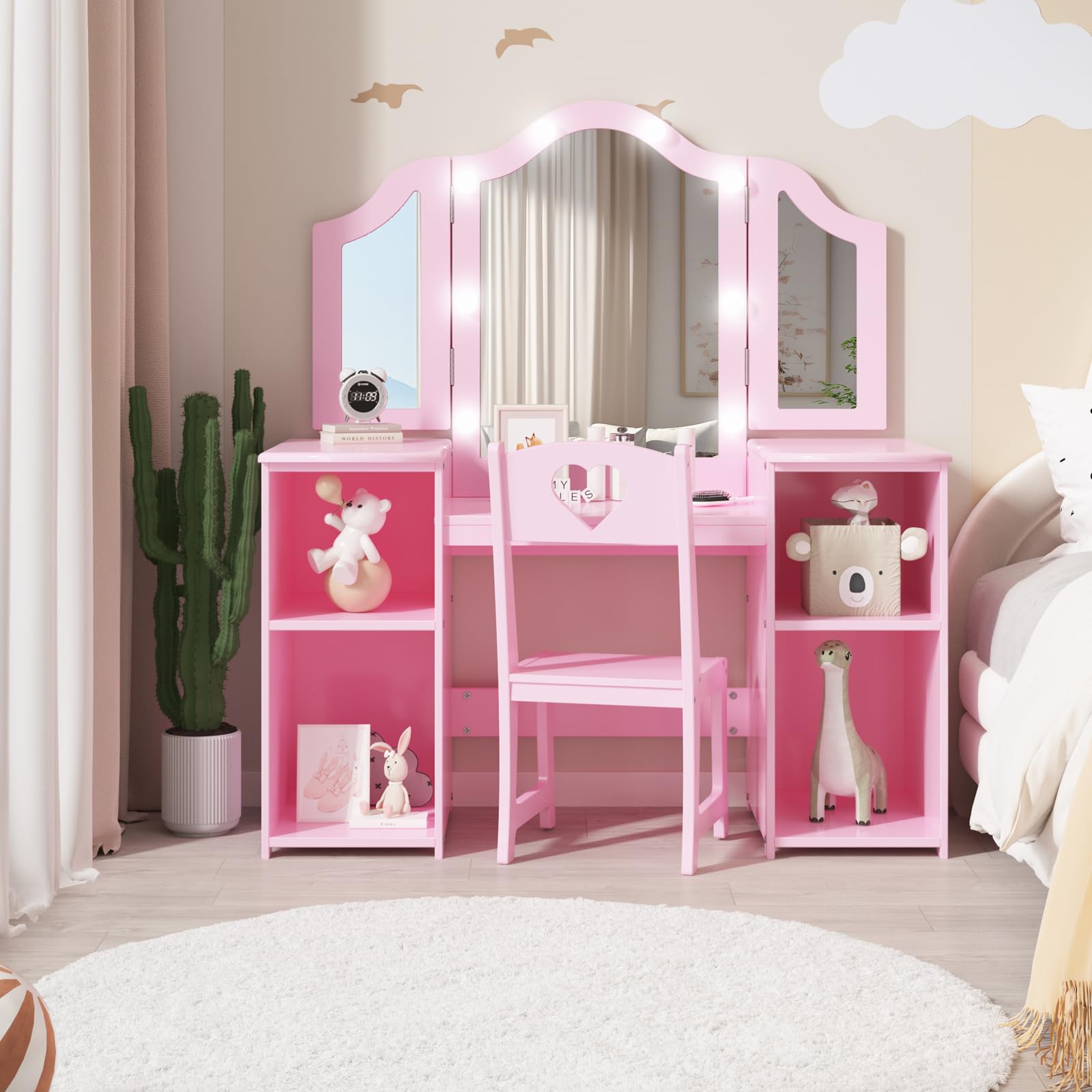 Princess Makeup Vanity Table Set for Girls - Wooden Dressing Table with Touch Light, Detachable Tri-Folding Mirror & Open Storage Shelves - Pretend Play Kids Vanity Desk & Chair for Toddlers - Perfect for Bedroom Decor, Birthday Gifts & Role Play Activities