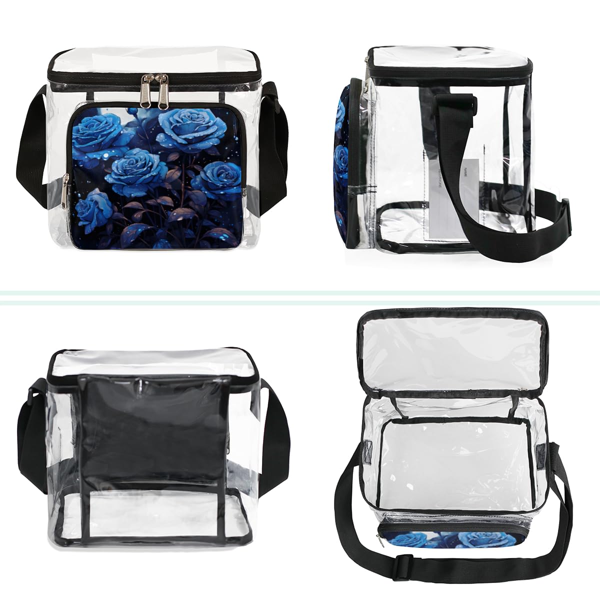 GzLeyigou Blue Enchantress Clear Tote Bag with Handles - Transparent Crossbody Shoulder Bag for Women, Rose Pattern Lunch Bag | Perfect for Outdoor Travel, Picnic, Concerts, Sports Events & Stadium Approved | Fashionable & Functional Clear Purse for Shopping, Beach & Theme Parks