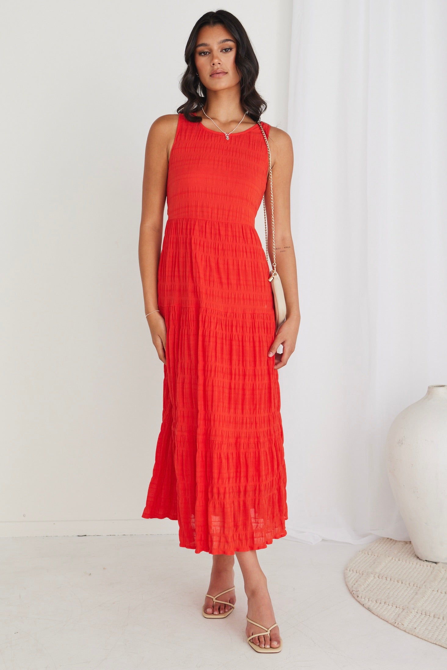 Florentena Sunset Shirred Cotton Sleeveless Tiered Maxi Dress - Women's Boho Summer Beach Dress for Vacation, Party & Casual Wear