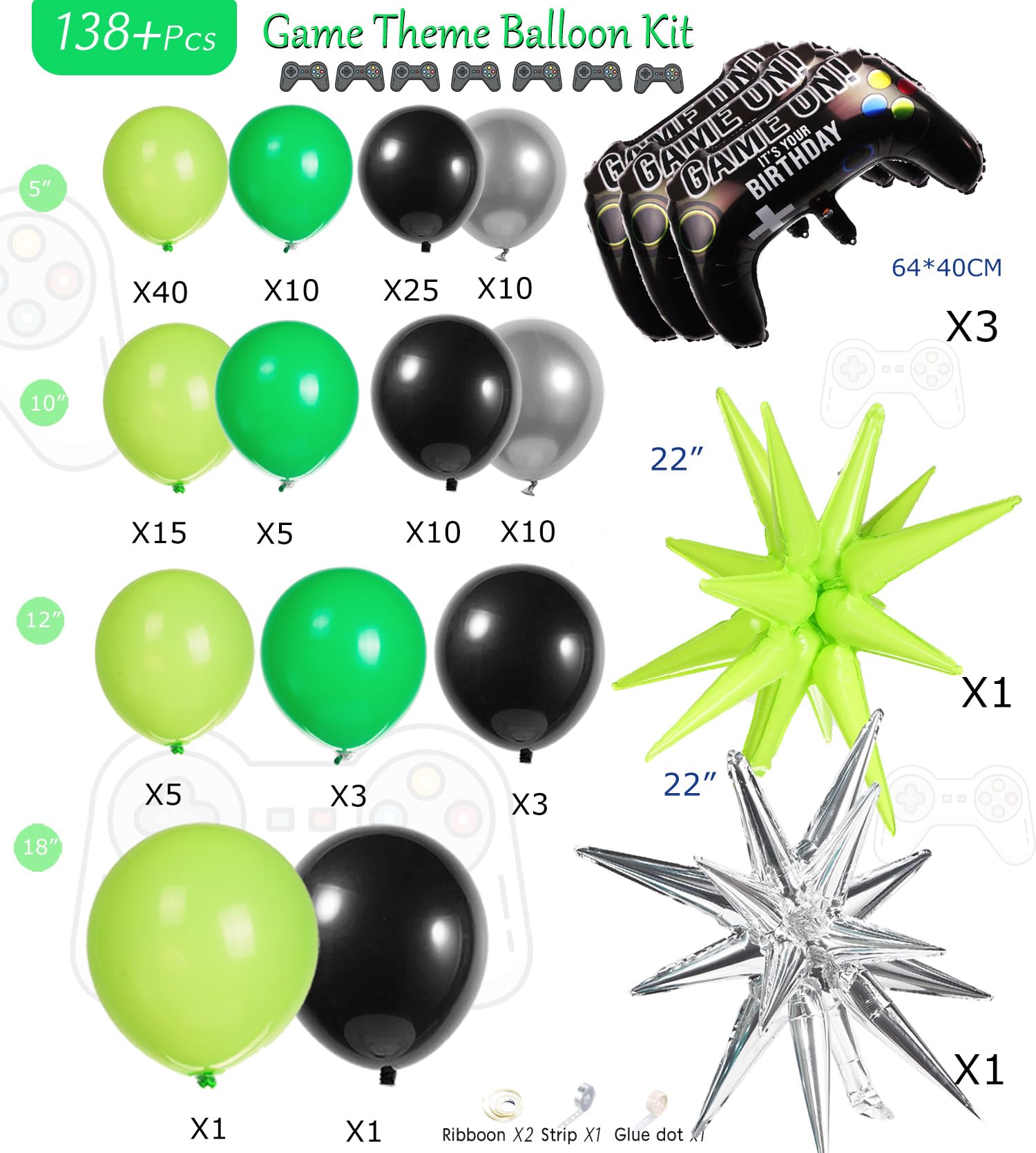 135pcs Green & Black Silver Controller Balloon Garland Kit - Gamer Party Decorations for Boys Birthday, Gaming Night & Video Game Themed Events