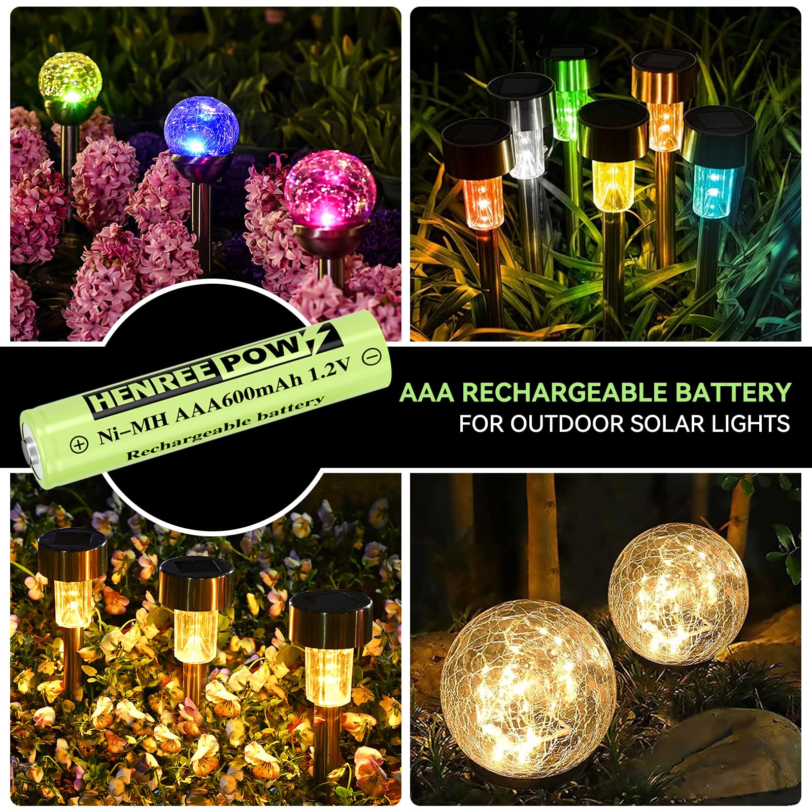 Henreepow AAA Rechargeable Batteries 12-Pack - 1.2V Ni-MH Solar Batteries with Low Self-Discharge, Pre-Charged for Solar Pathway Lights, Outdoor Solar Lights (600mAh) - Perfect for Garden Lighting, Landscape Illumination & Emergency Power Backup