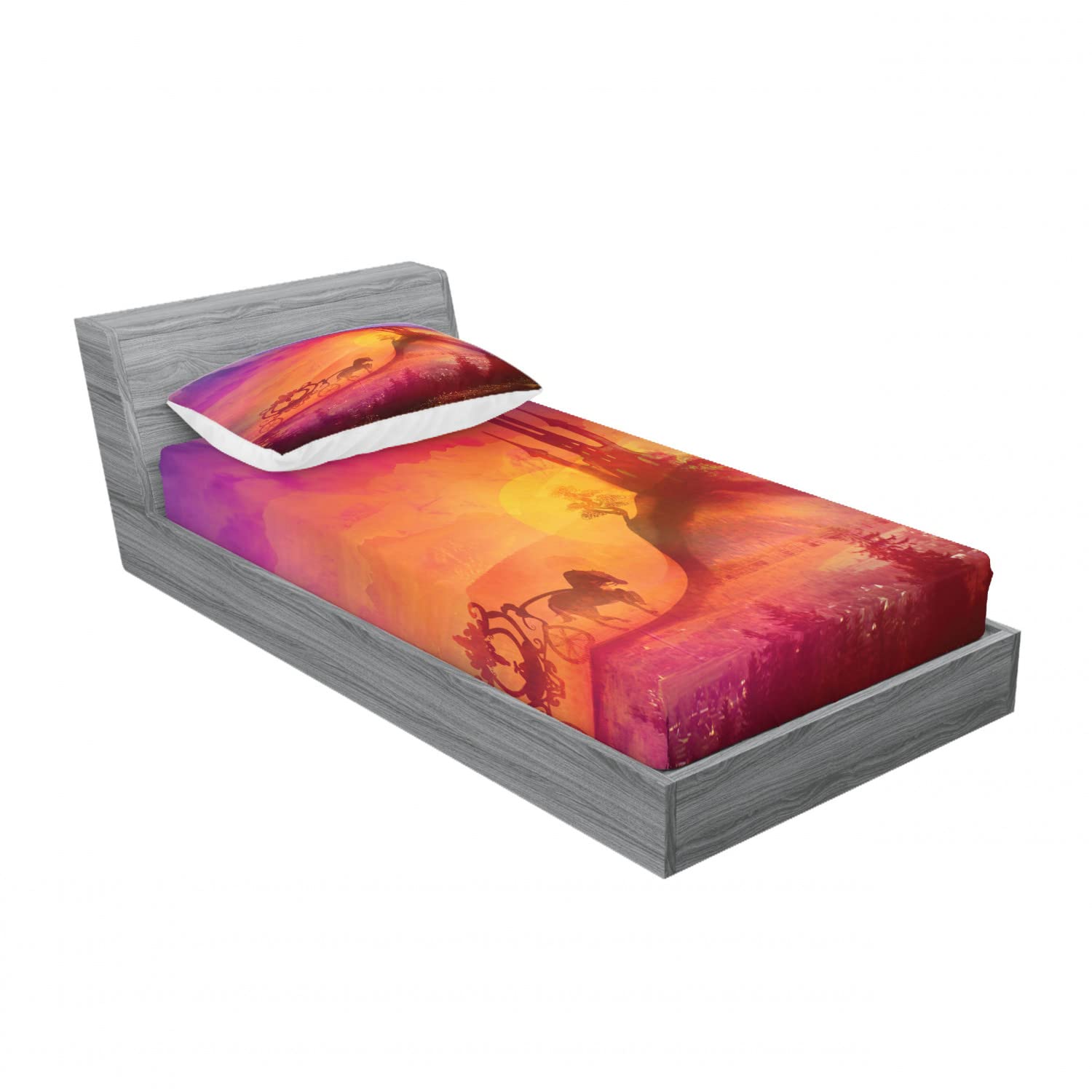 Ambesonne Gothic 2-Piece Twin Bedding Set - Medieval Castle Kingdom Design Fitted Sheet & Pillow Sham (Orange & Purple) | 4-PC Luxury Bed Decor for Themed Rooms, Halloween Decor, or Vampire Aesthetic Bedroom