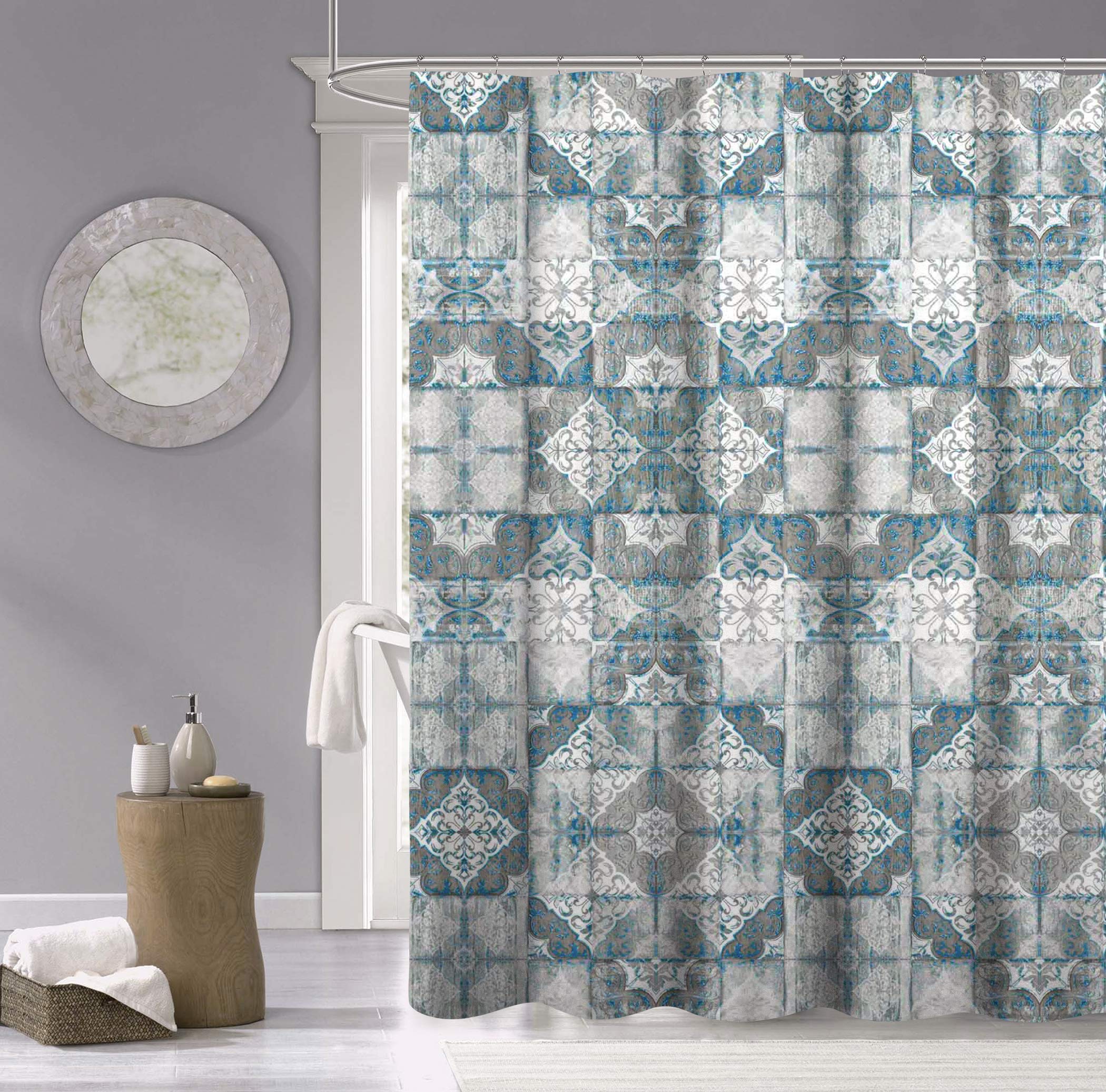 Blue Tile Print Cotton Shower Curtain 70x72 Inches - Soft Textured Water Resistant & Machine Washable Bathroom Decor - Stylish Home Upgrade for Modern, Farmhouse or Coastal Bathrooms