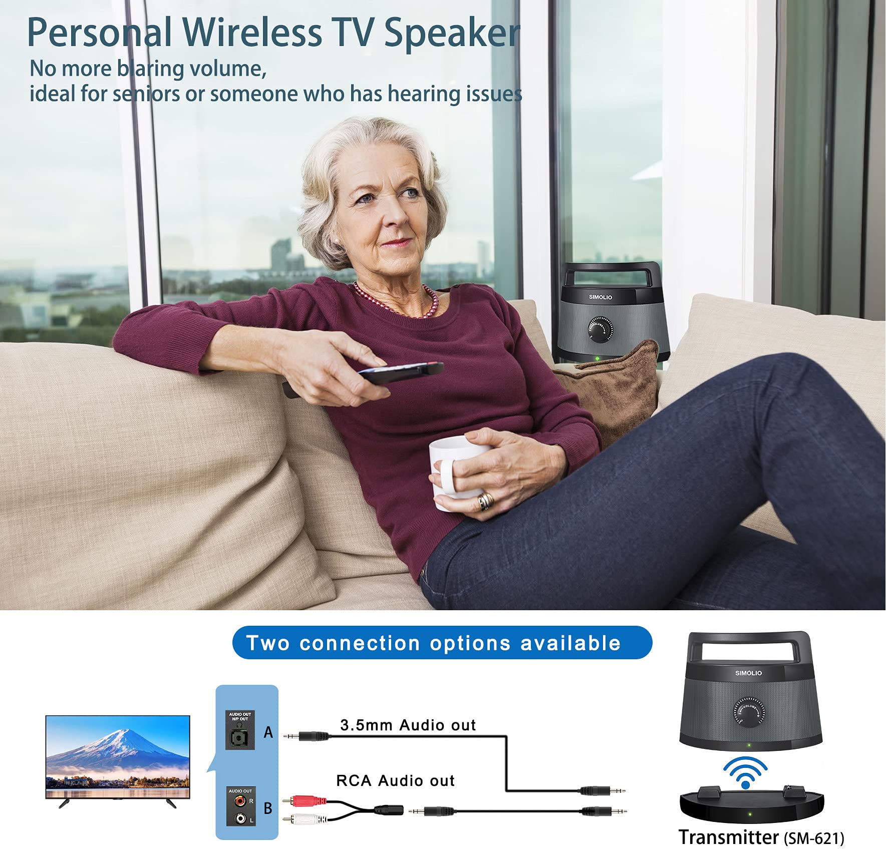 SIMOLIO 2.4G Wireless TV Speakers for Seniors - Portable Sound System with Clear Voice & Extra Headset - Perfect for Home Entertainment, Hearing Assistance and Elderly Care