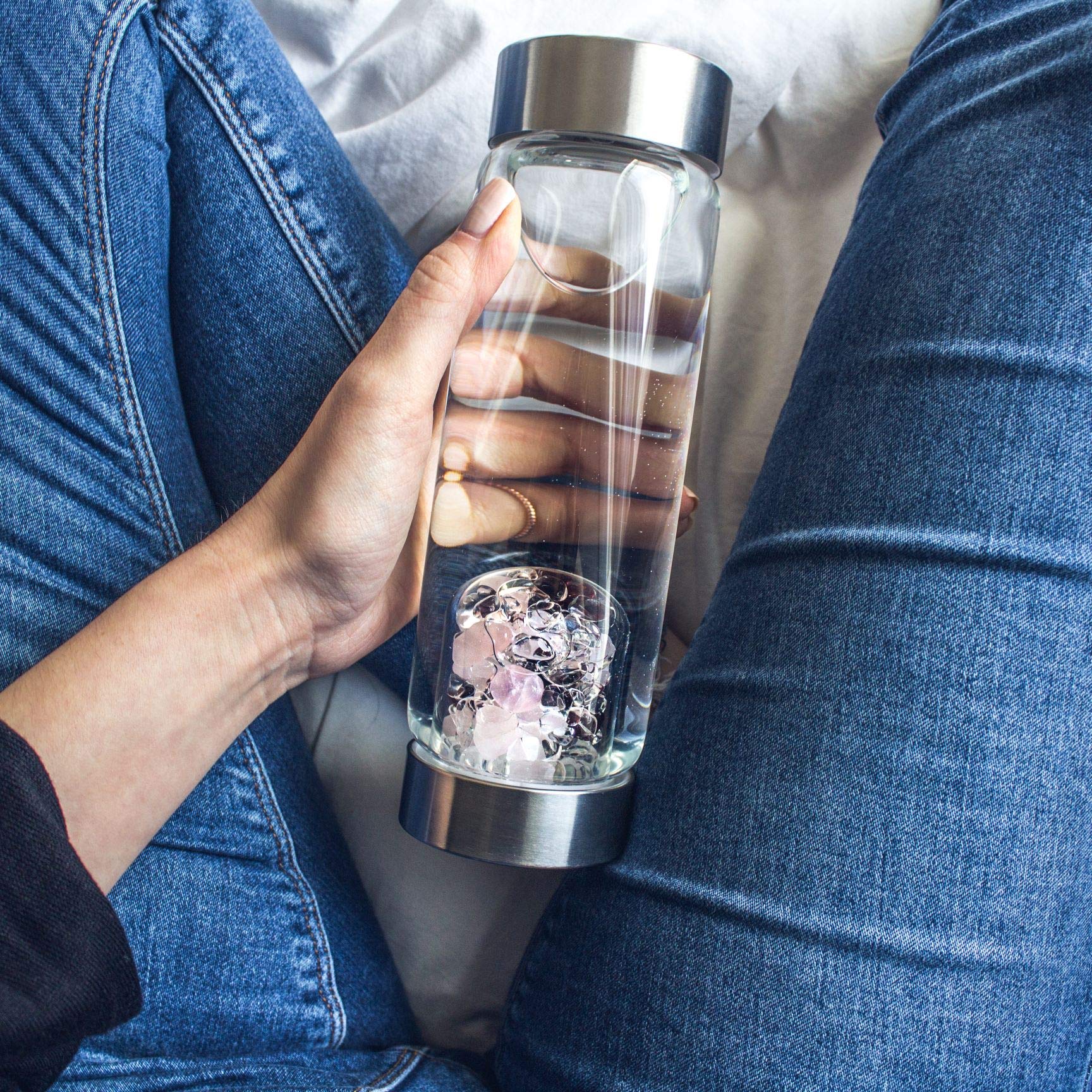 VitaJuwel ViA LOVE Crystal Water Bottle with Rose Quartz and Garnet - Natural Energy Infuser for Hydration, Wellness & Positive Vibes - Perfect for Yoga, Meditation, Office & Travel