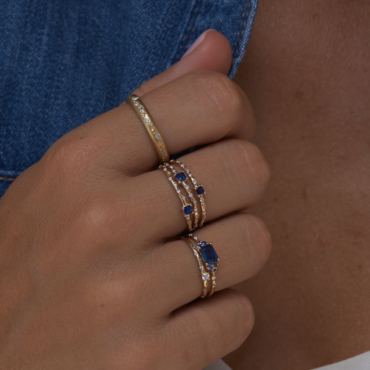 Starry Sapphire Triple Band Ring - Elegant Blue Gemstone Jewelry for Women - Perfect for Weddings, Anniversaries & Special Occasions
