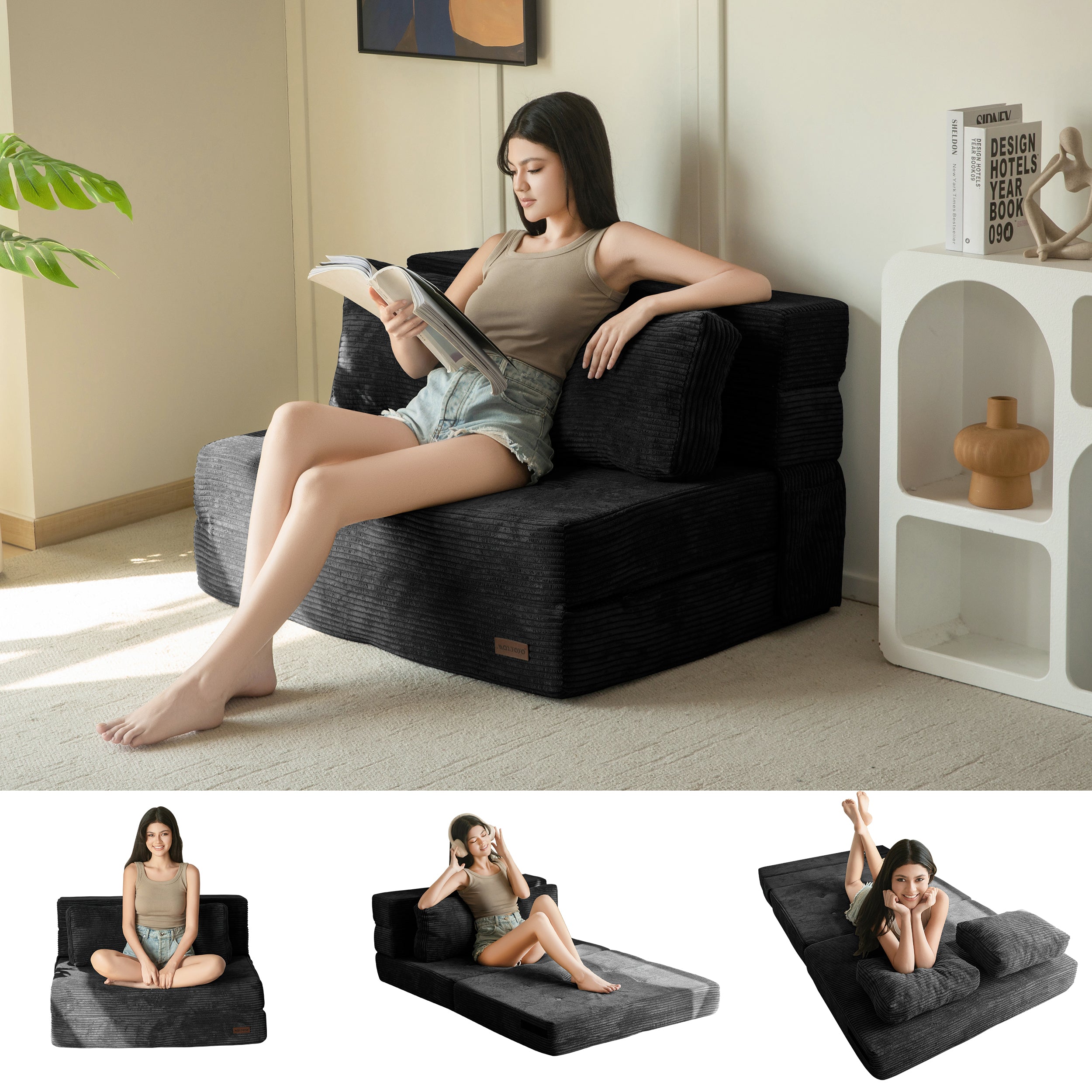 MAXYOYO 3-in-1 Convertible Sofa Bed - Fold Out Single Sleeper Sofa with Pillow, Folding Couch Bed & Foam Floor Couch for Living Room, Bedroom & Guest Room - Perfect for Small Spaces, Overnight Guests & Lounge Relaxation - Black