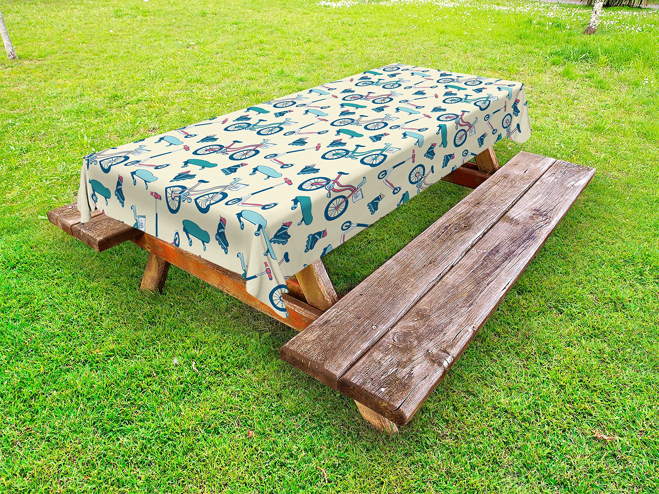 Ambesonne Waterproof Outdoor Tablecloth - Bicycle Skateboard Design, Washable Picnic Table Cover for Camping, BBQs & Patio Decor, 58