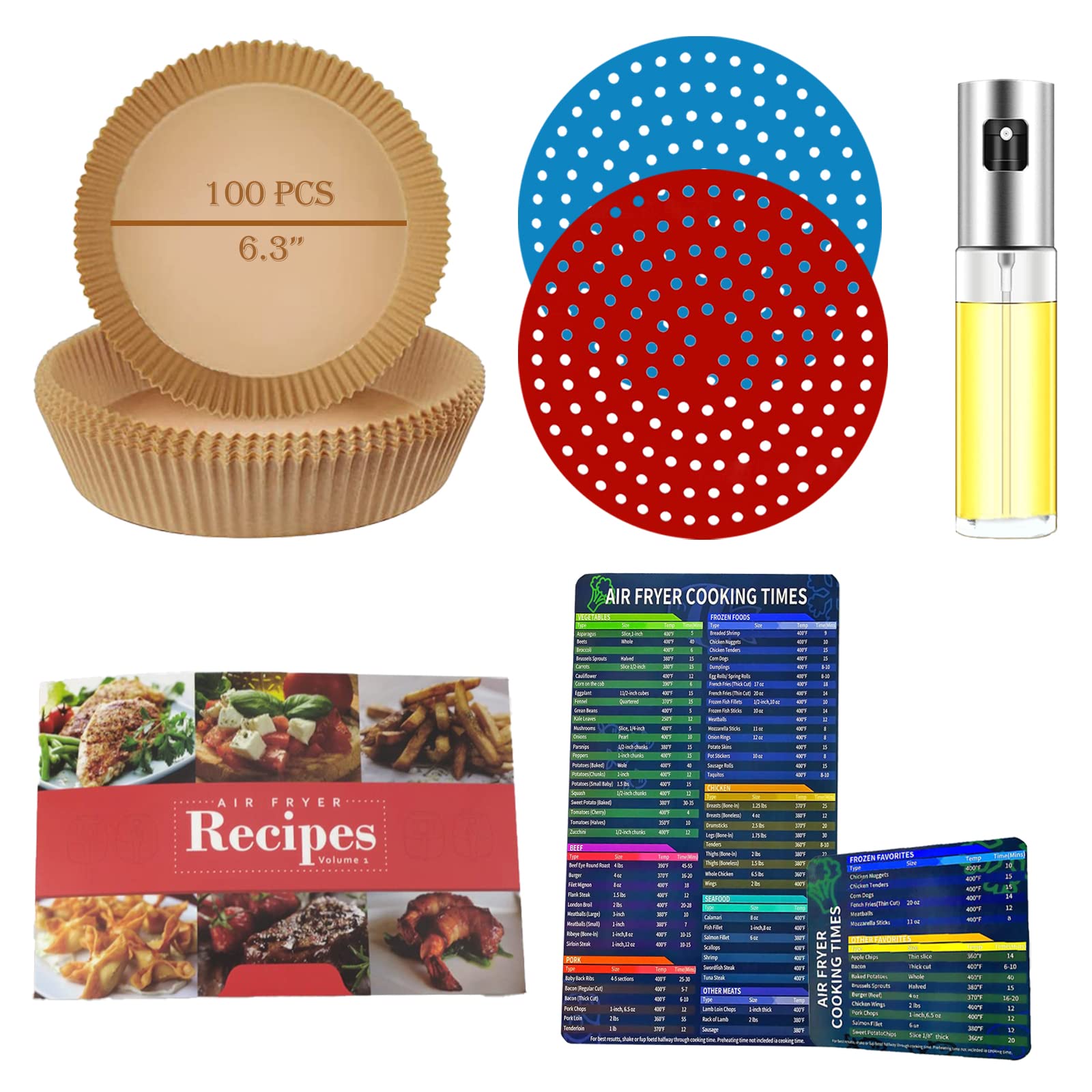 5-in-1 Air Fryer Accessories Kit - Oil Proof Disposable Paper Liners, Reusable Silicone Liners, Oil Sprayer, Magnetic Cheat Sheet with Cooking Times & Temperature Guide, Digital Cookbook | Perfect for Healthy Frying, Meal Prep & Family Cooking
