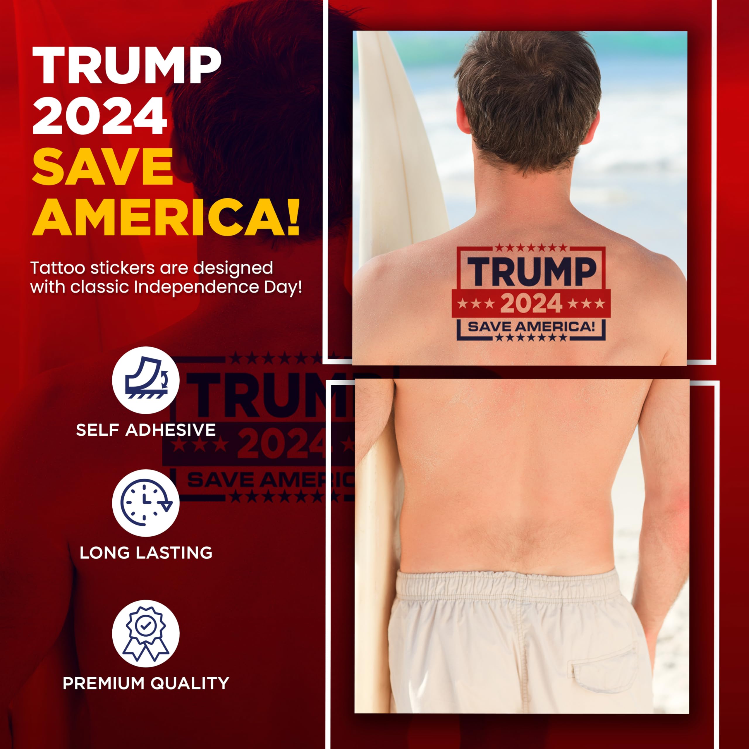 Trump 2024 Save America Temporary Tattoos (4 Pack) - Patriotic Skin Decals for Men & Women - Show Your Support for 2024 Election - Perfect for Rallies, Parties & Political Events