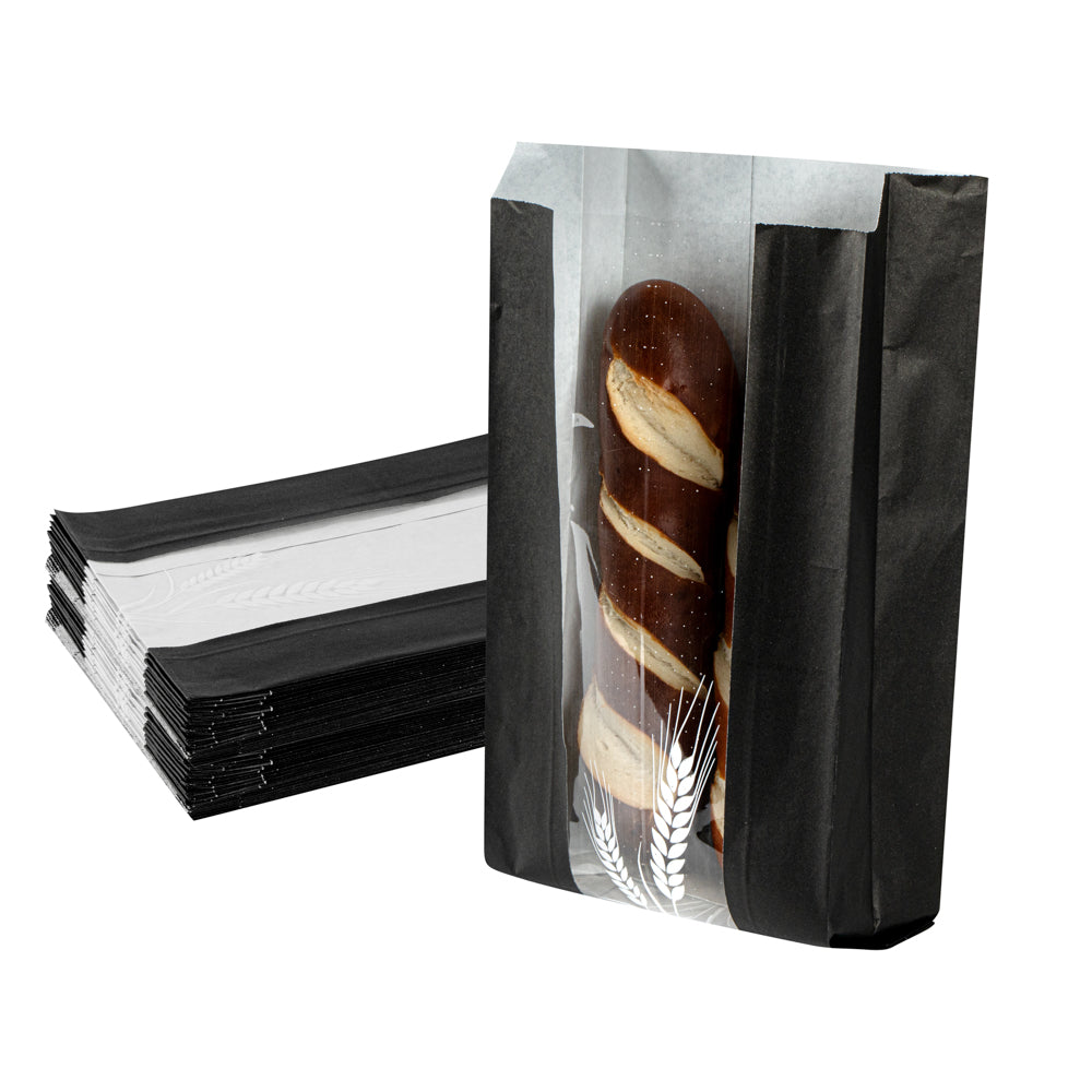 Black Paper Bread Bags - Micro Perforated, Greaseproof, Wheat Pattern (5.75