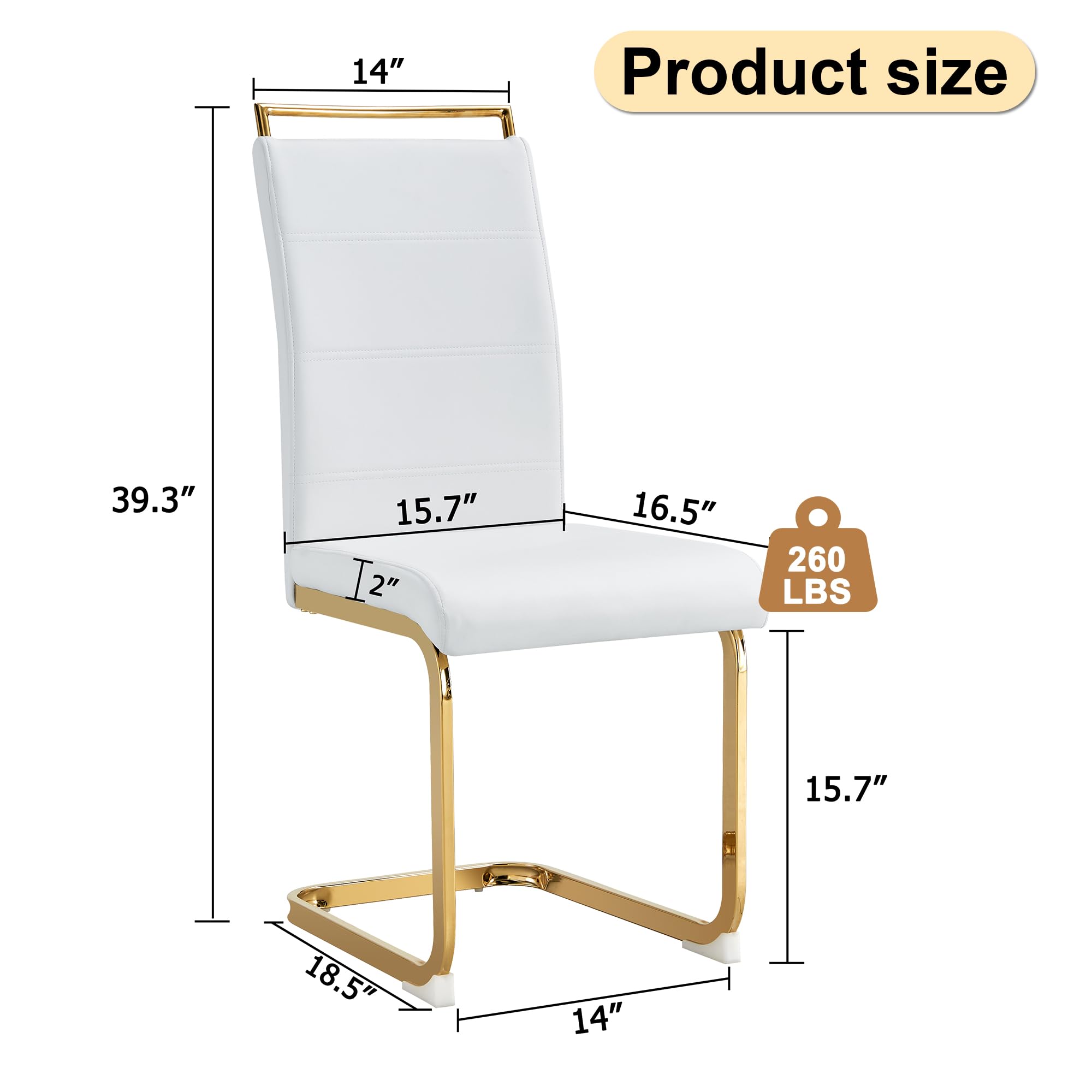 Modern Dining Chairs Set of 4 - PU Faux Leather High Back Upholstered Side Chairs with Horizontal Stripe Backrest - White with Gold Legs - Perfect for Kitchen, Dining Room & Living Room