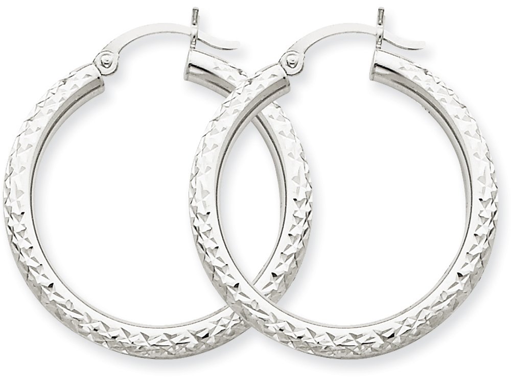 14K White Gold 3mm Round Hoop Earrings for Women - Bright-Cut Design Fine Jewelry - Perfect for Everyday Wear, Gifts & Special Occasions