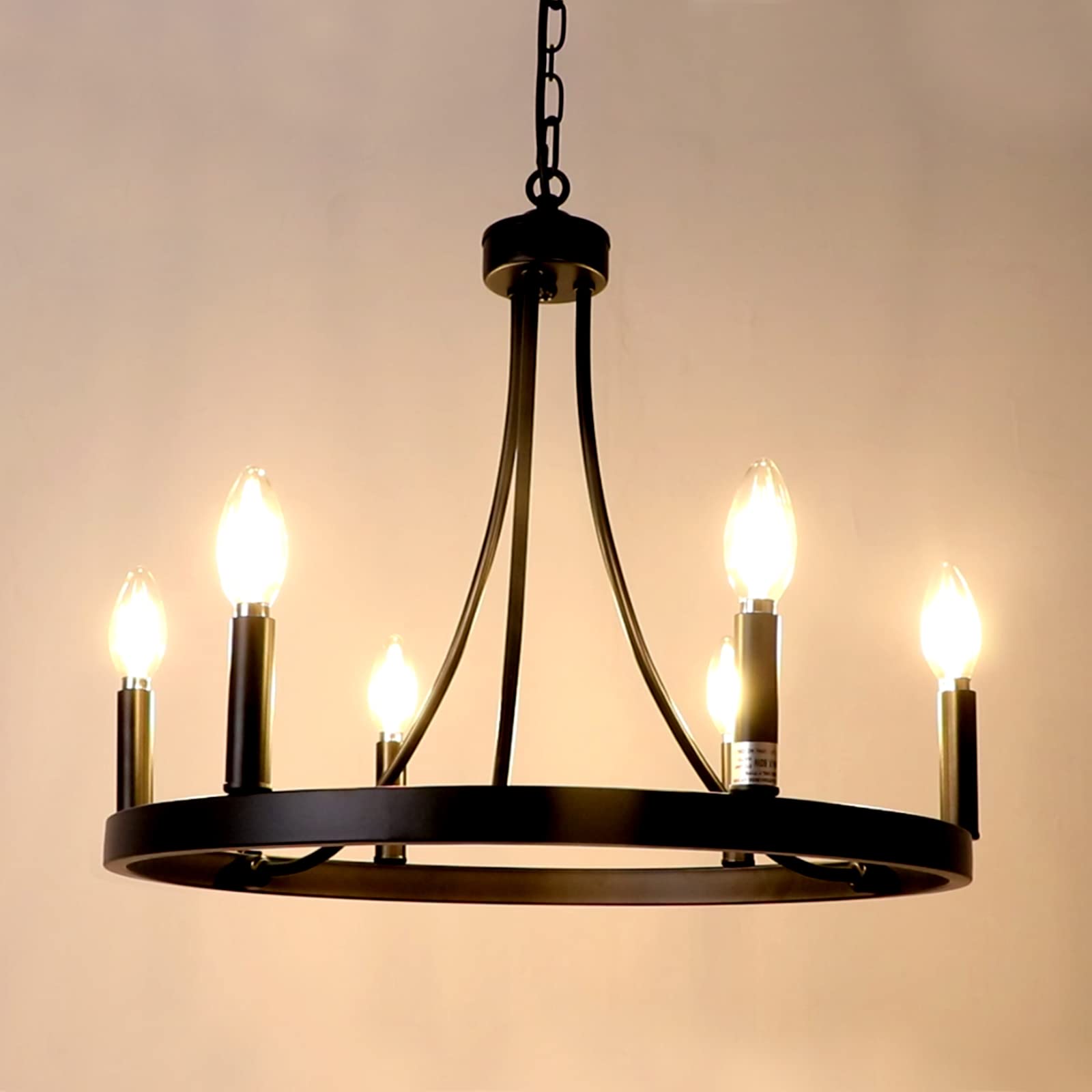 LynPon 6-Light Black Wagon Wheel Chandelier - 20 Inch Rustic Farmhouse Ceiling Light Fixture for Dining Room, Living Room, Kitchen, Foyer | Perfect for Entryways, Barn Weddings & Country Style Home Decor