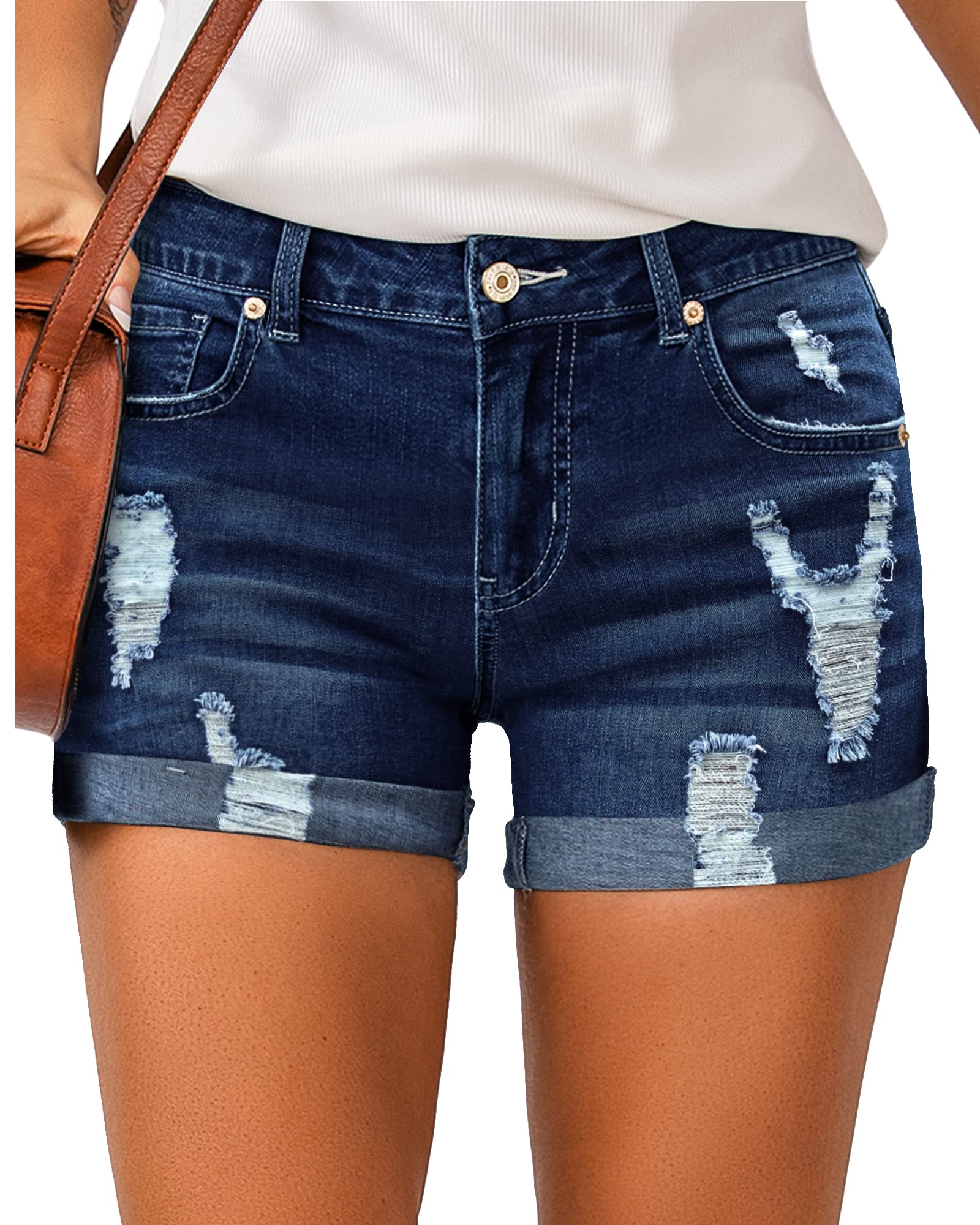 LookbookStore Women's High Waisted Rolled Hem Distressed Jeans Ripped Denim Shorts - Vintage Style Denim Shorts for Women, Comfortable Summer Fashion, Perfect for Casual Outings, Beach Trips and Streetwear Looks