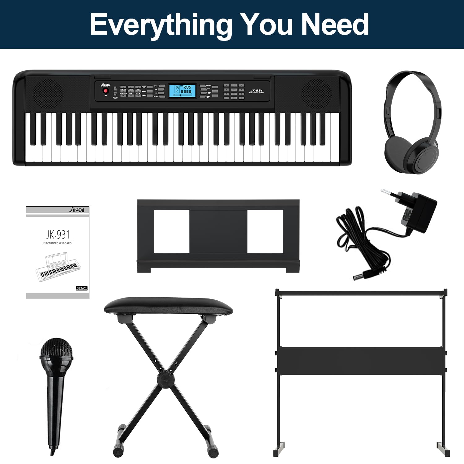 61-Key Portable Electric Piano Keyboard with LCD Screen, Built-In Speakers & 300 Timbres - Perfect for Beginners, Home Practice & Live Performances - Includes Stand, Stool, Headphones & Microphone