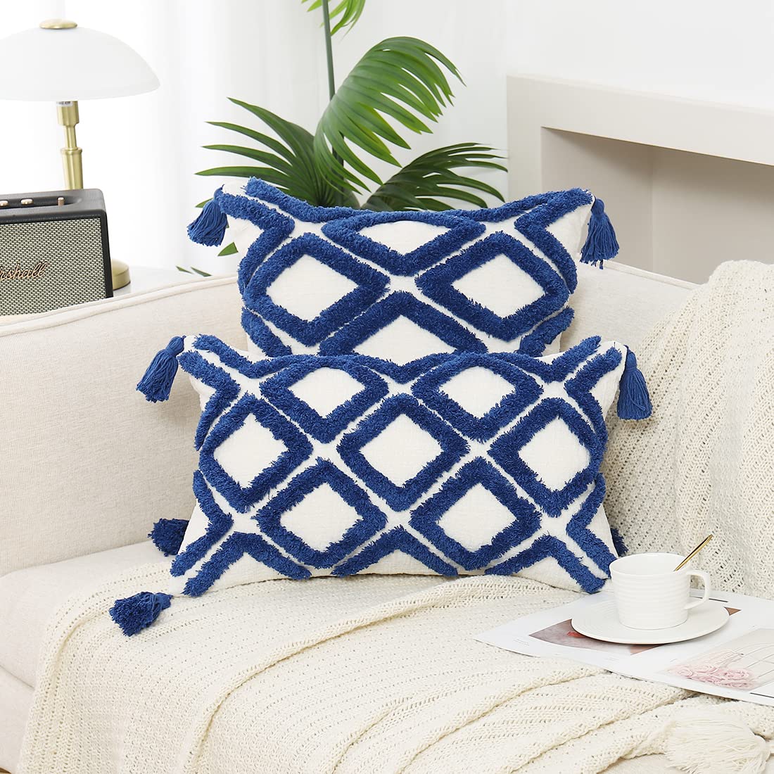 PLWORLD Boho Navy Lumbar Throw Pillow Cover 12x20 Inch with Tassels - Moroccan Tufted Cream Chenille Fabric Small Accent Textured Cushion Case for Bed, Couch, Sofa - Perfect for Bohemian Home Decor & Cozy Living Room Styling (1 PC Cover Only, No Insert)