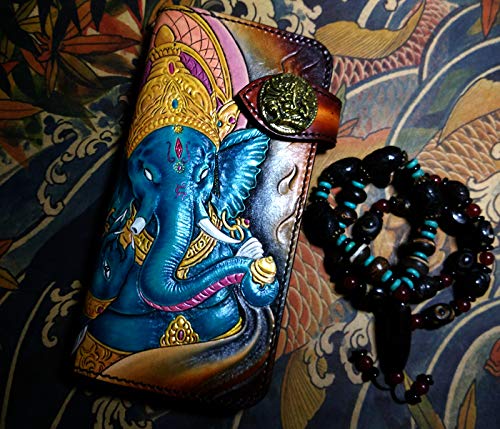 Handmade 3D Genuine Leather Wallet for Men - Custom Biker Wallet with Celtic Elephant Design, Hand-Carved & Hand-Painted - Perfect for Motorcycle Riders, Gift Giving & Everyday Use