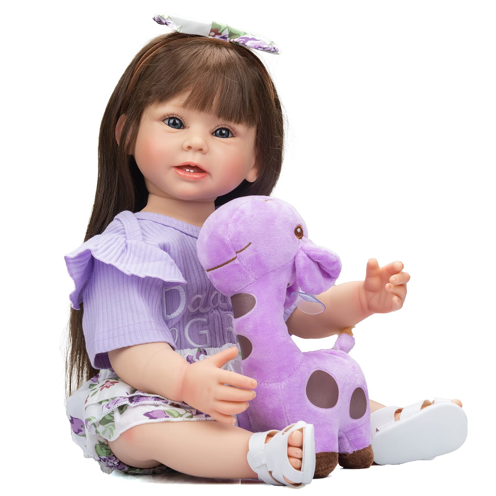 22 Inch Realistic Reborn Baby Doll - Lifelike Full Vinyl Silicone Girl with Teeth, Long Hair, Handcrafted & Washable - Perfect for Collectors, Gift Giving & Role Play (Girls Toddler Simulation Toy)