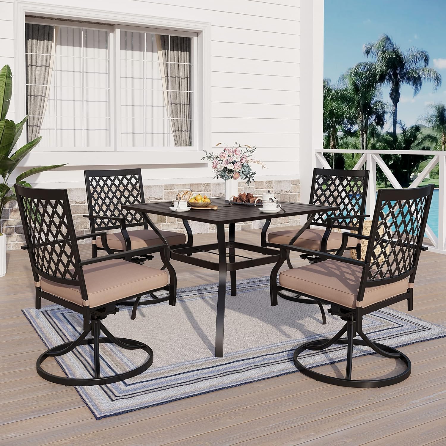 PHI VILLA 2-Piece Outdoor Swivel Dining Chairs Set - Black Metal Patio Furniture with Cushions for Garden, Backyard, Bistro & Poolside Relaxation | Weather-Resistant Small Grid Design
