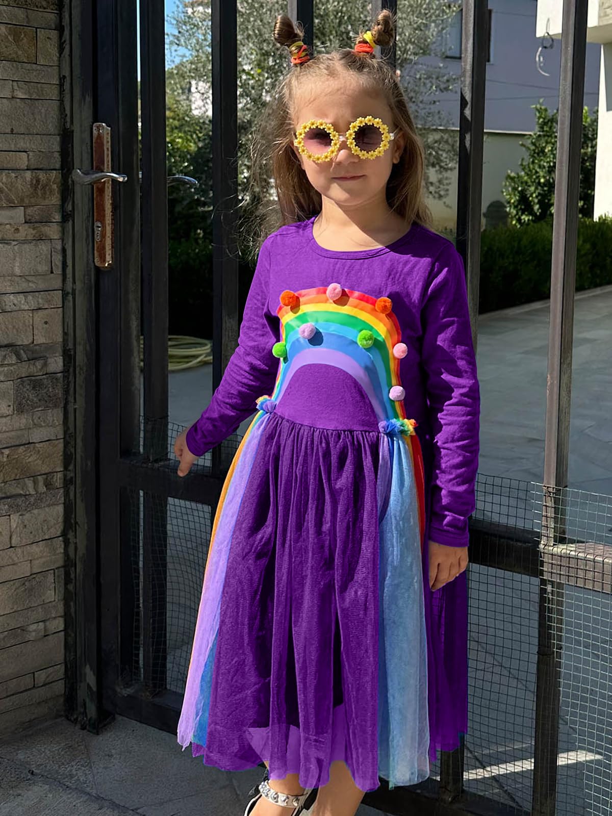 Vieille Girls Long Sleeve Rainbow Tulle Dress for Birthday Party & Spring Outfits - Elegant Princess Gown for Ages 3-7 Years - Perfect for Special Occasions, Photo Shoots & Holiday Celebrations
