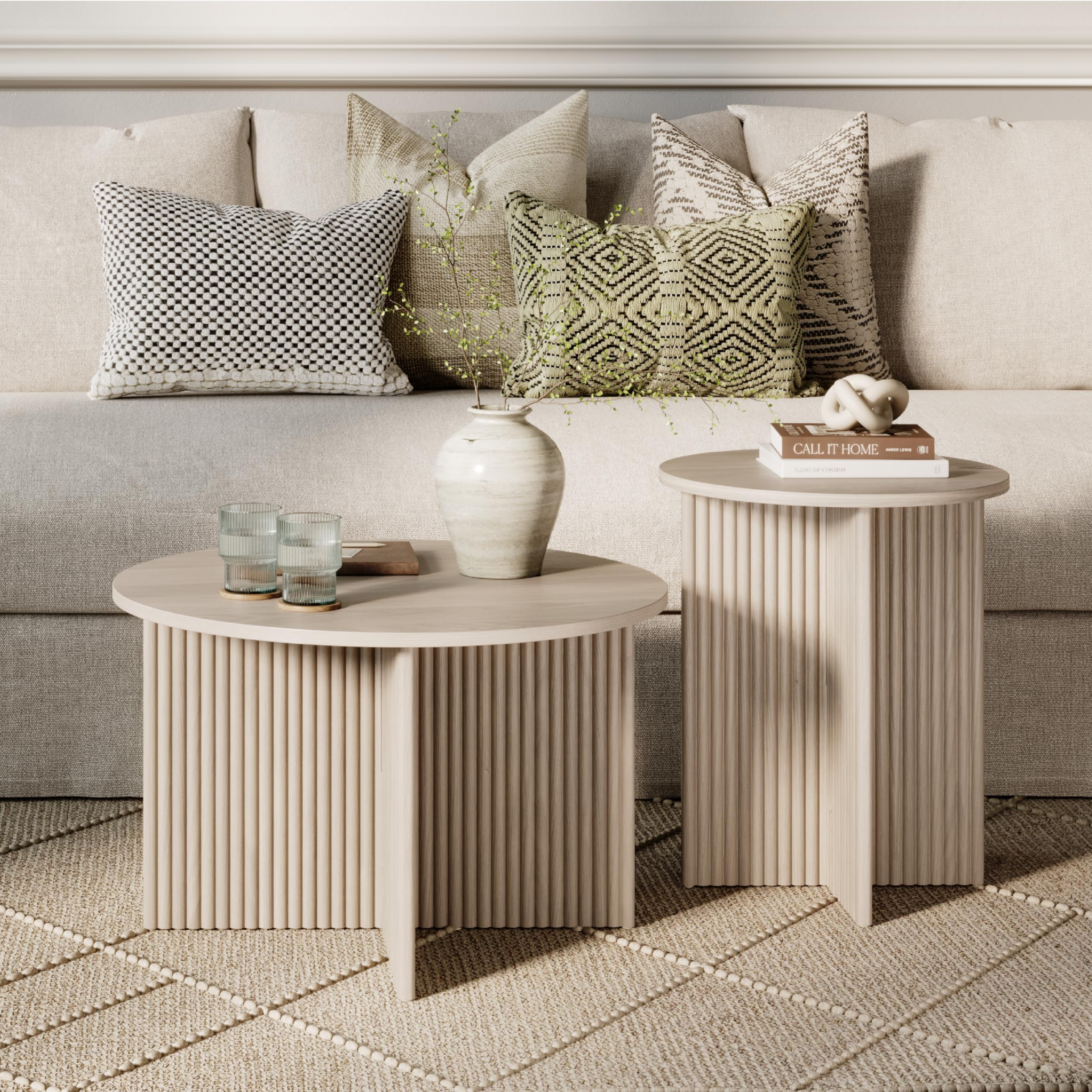 Round Fluted Nesting Coffee Table Set of 2 - Modern Solid Wood Base with Wood Grain Veneer Top in Weathered White - Stylish Living Room Furniture for Small Spaces & Home Decor - Perfect for Apartments, Lounges and Cozy Living Areas