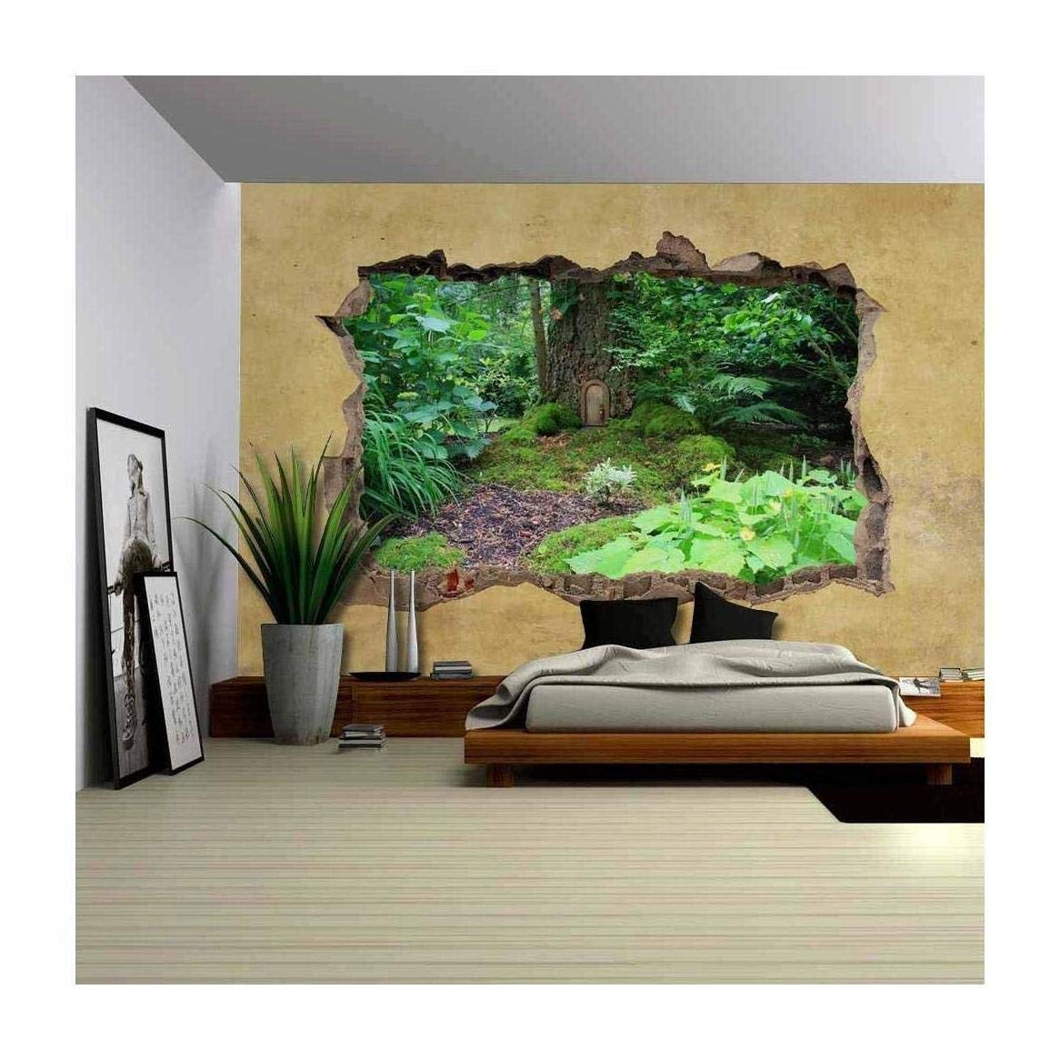 Wall26 - Little Wooden Fairy Tale Door in Tree Trunk Wall Mural - 100x144 Inch Removable Peel & Stick Wallpaper - Fantasy Home Decor for Kids Room, Nursery, Playroom & Bedroom