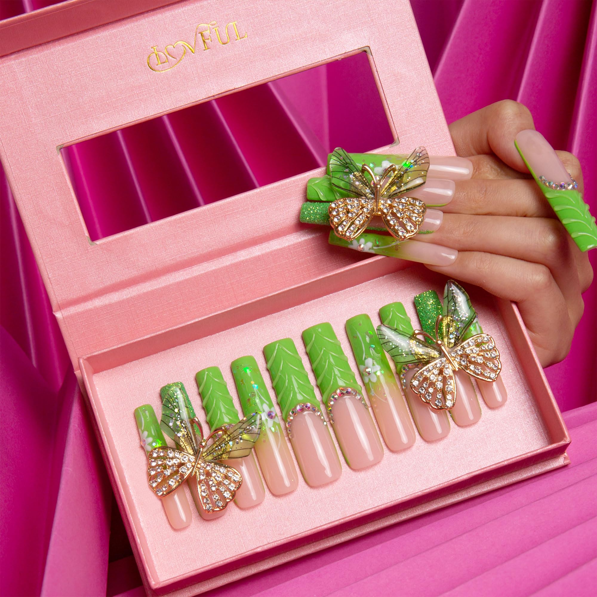 Butterfly Kiss Press on Nails with Full Cover Crystals - Handmade Reusable Fake Nails - Square Long 2.2 Inch False Nails H255-M - Perfect for Parties, Weddings, and Special Occasions