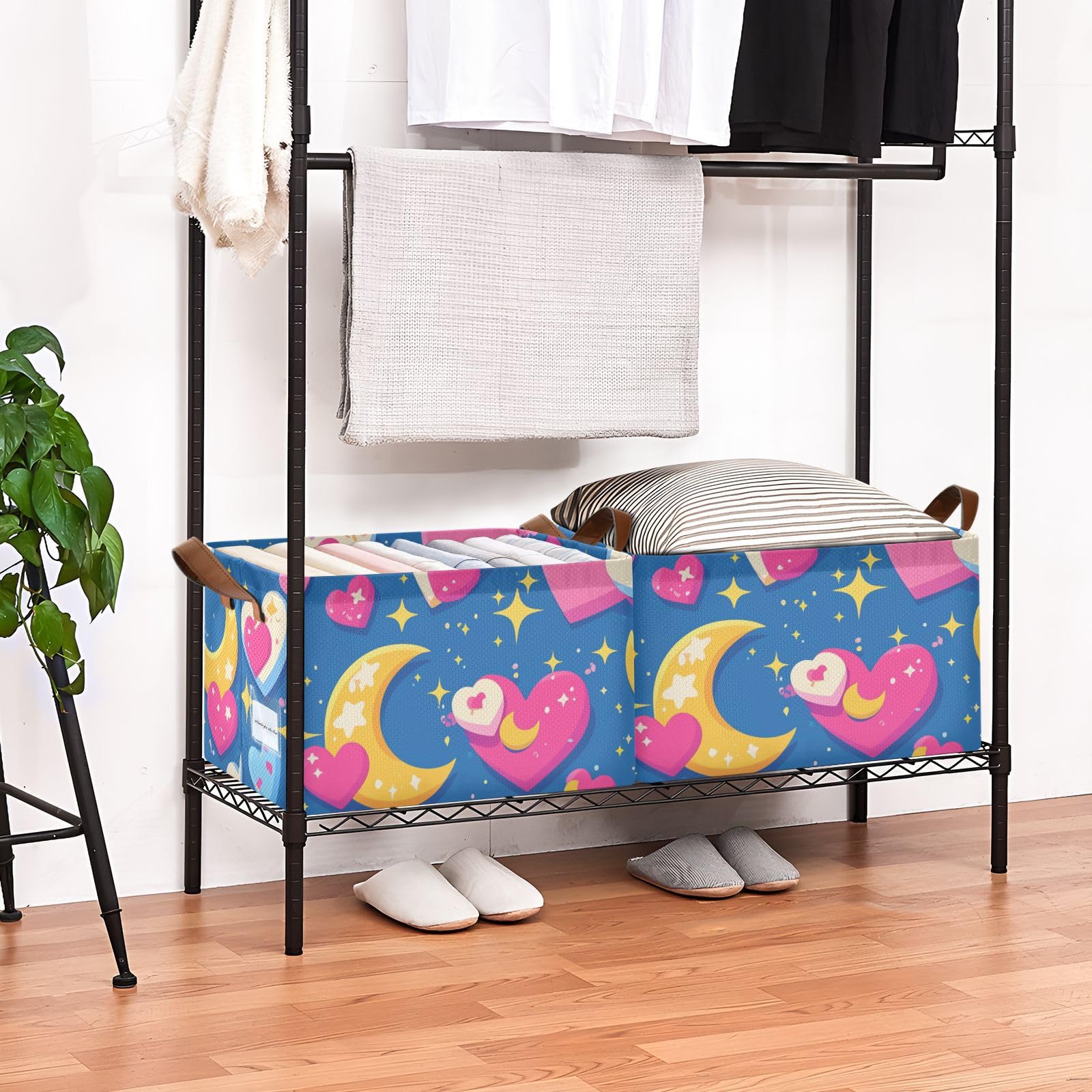 Moon Pixel Art Valentine's Day Decorative Foldable Storage Baskets - 2 Pack Closet Organizer Bins with Handles for Bedroom, Office & Nursery Organization | Space-Saving Storage Cubes for Home Decor